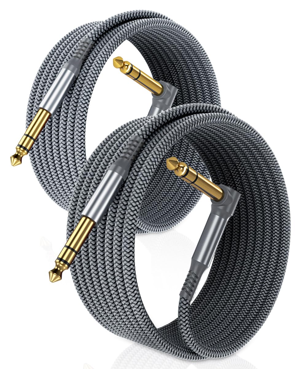 6.35Mm Trs Instrument Cable 30Ft 2 Pack,Right Angle 90 Degree 1/4 Inch Male Jack Stereo Audio Cord,6.35 Balanced Line Lead For E