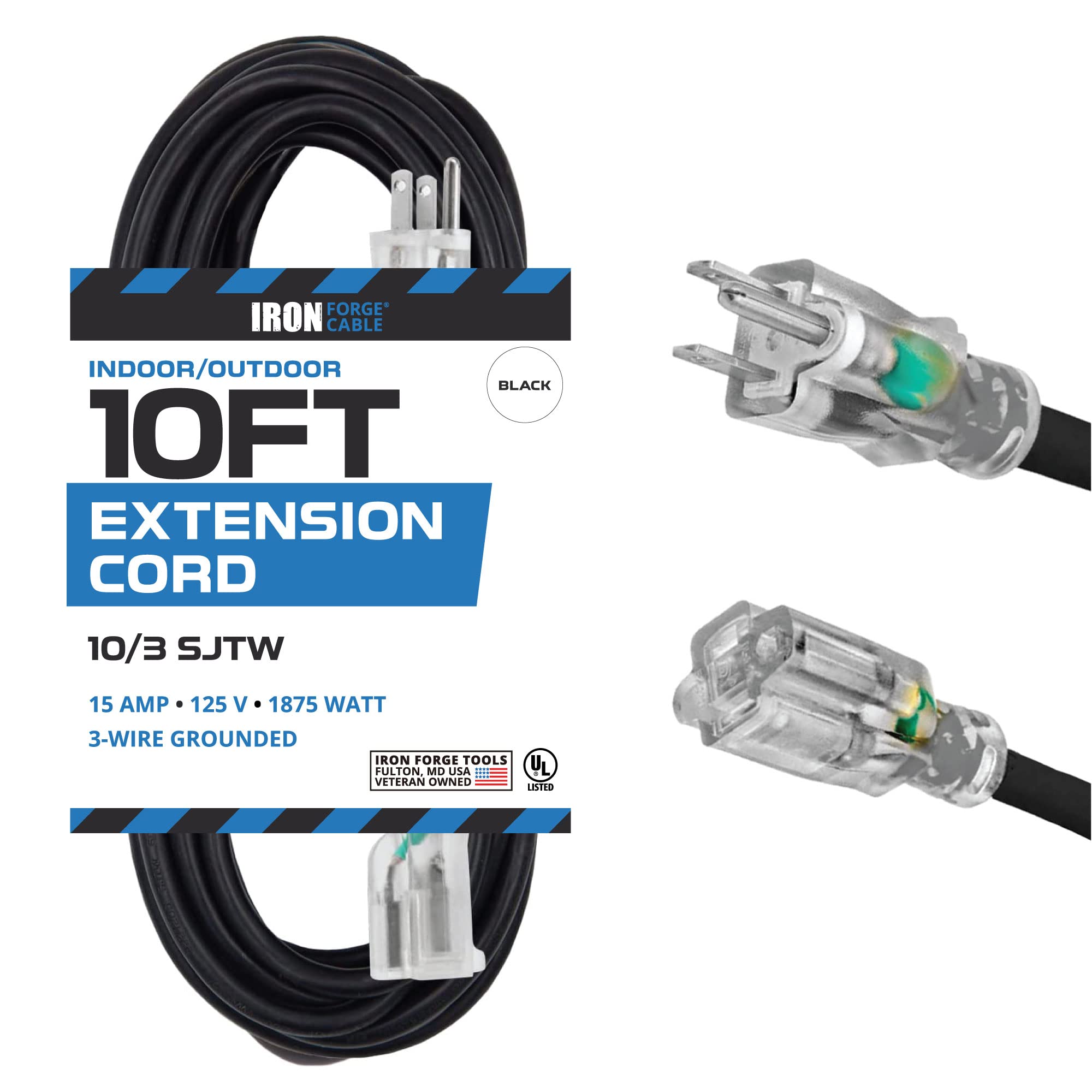 Iron Forge Cable 10 Gauge Extension Cord 10 Ft, 10/3 Heavy Duty Extension Cord 10 Foot 3 Prong Lighted End, Sjtw Weatherproof Bl