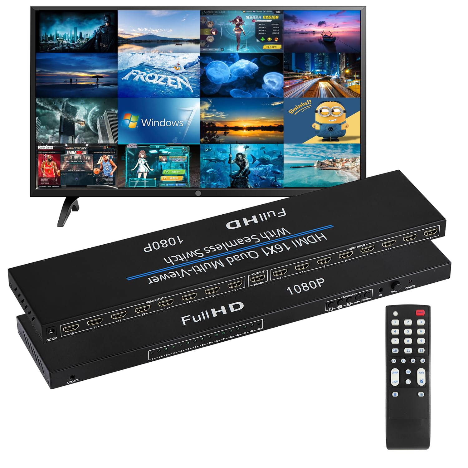 HDMI Quad MultiViewer 16x1, Seamless Switcher 16 in 1 Out with IR Remote Control, Support 1080p and 8 Viewing Modes