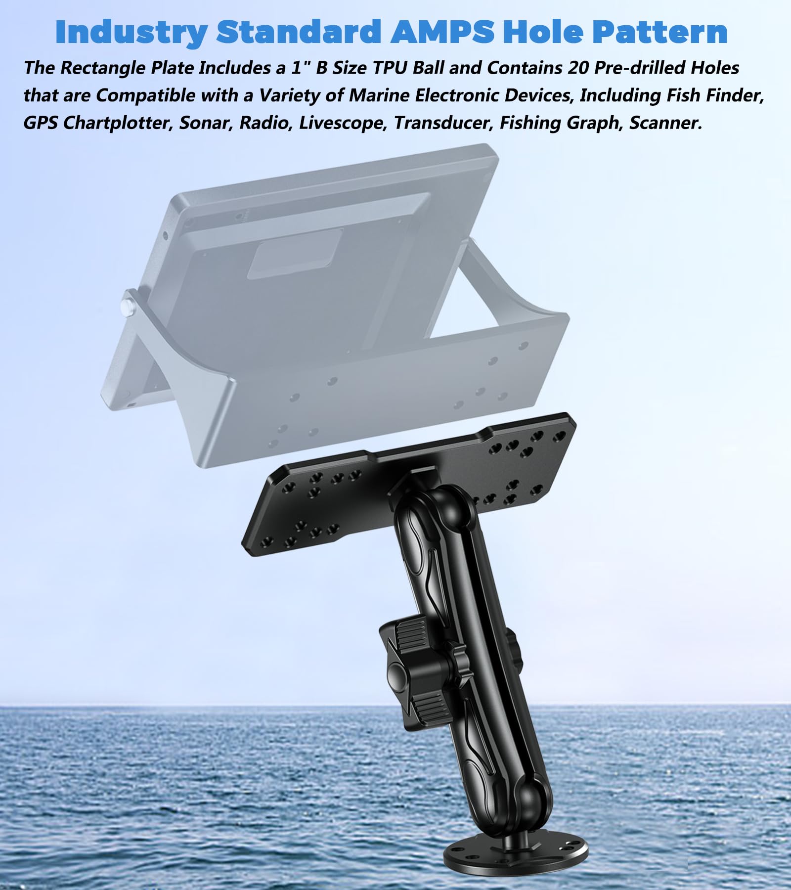 Vazeswin Aluminum Alloy Fish Finder Mount With B Size 1'' Ball Rectangle Plate & Round Base, 5.9'' Long Arm Marine Electronic Mo