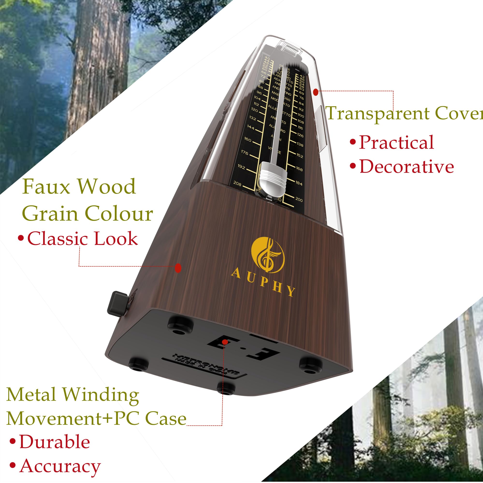 Auphy Metronome For Piano Guitar Drum Violin Universal Mechanical Metronome With Accented Bell Accurate Beats(Wood Grain)