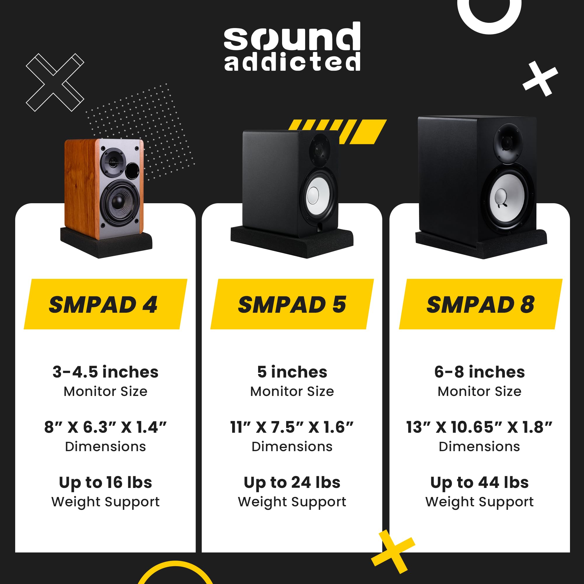 Sound Addicted   Studio Monitor Isolation Pads Suitable For 6.5, 7 And 8 Inches Large Speakers  Reduce Vibrations And Fits Most