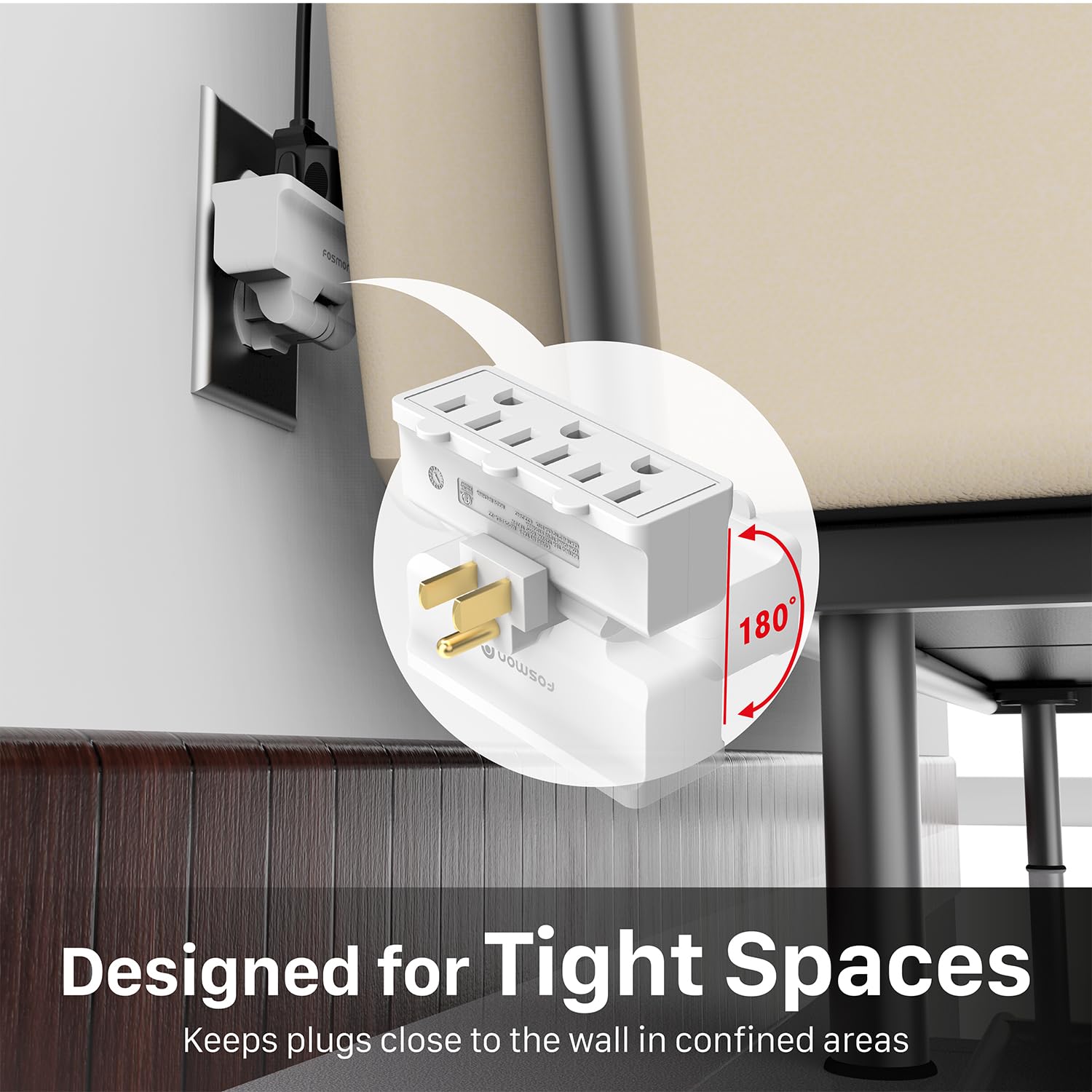 Fosmon 3 Outlet Adapter, Swivel Outlet Plug Three Way Rotating 180 Degree Right Angle Adapter Plug, Electric Wall Extender Indoo