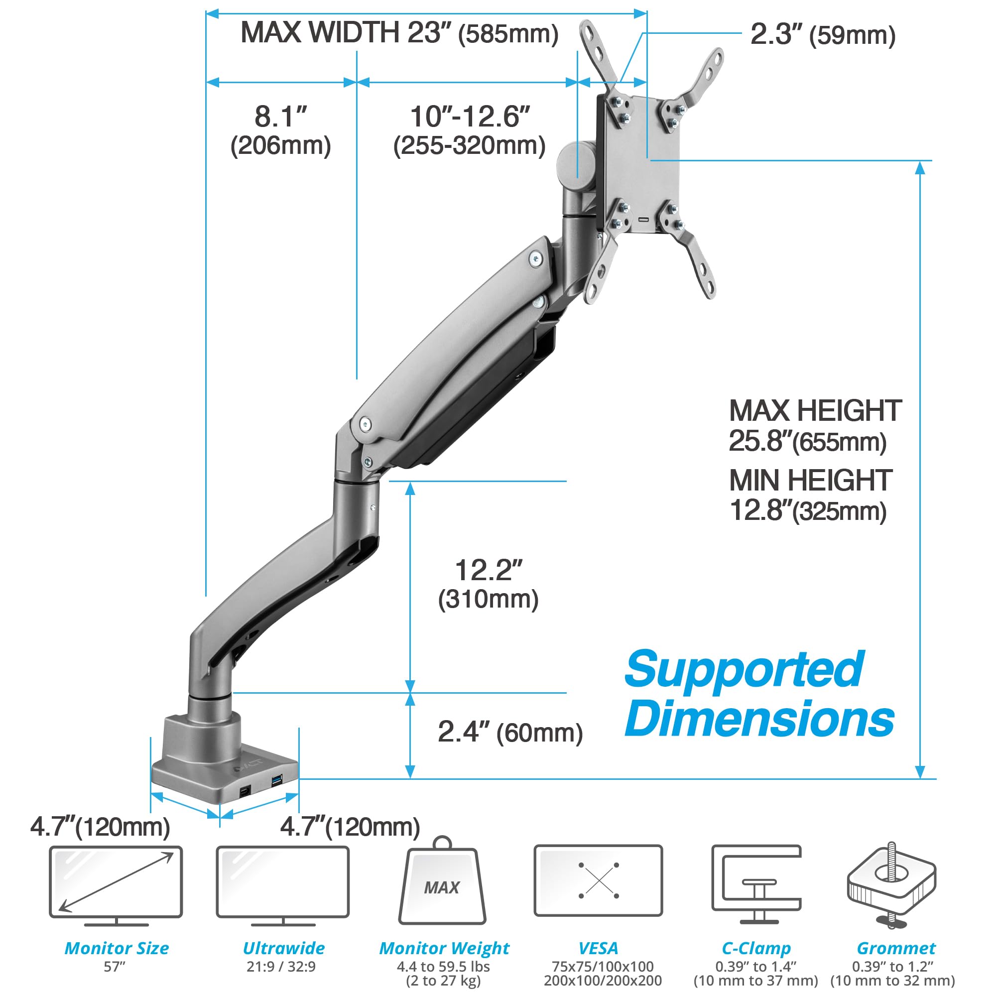 Avlt Single 17'' 57'' Super Ultrawide Monitor Arm For Screens Up To 59.5 Lbs, Premium Aluminum Desk Stand, Adjustable Pneumatic
