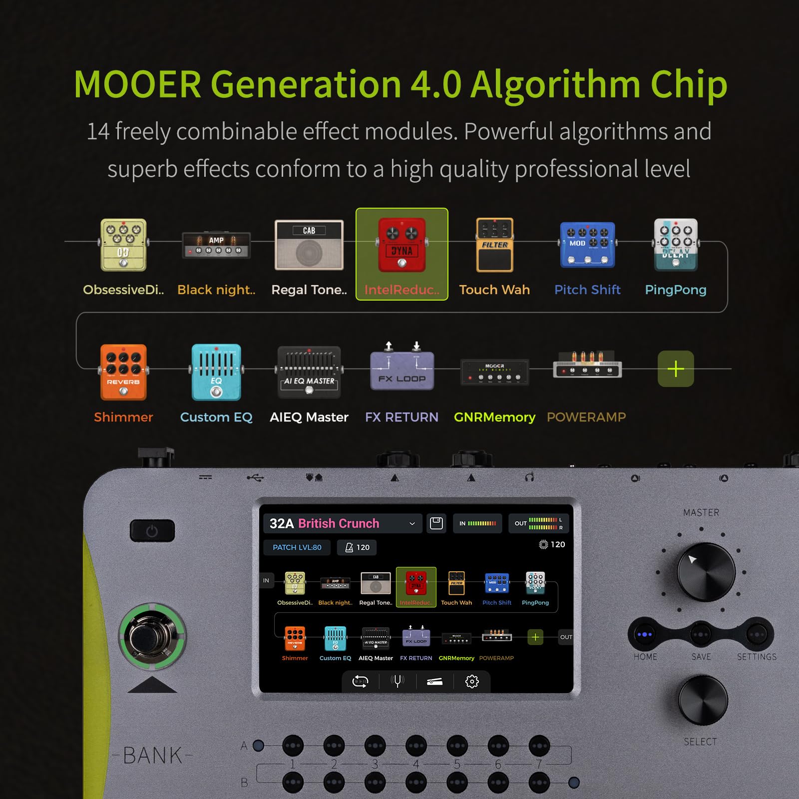 Mooer Ge1000 Guitar Mutieffects Pedal Dual Effects Chains Processor With Ai Equalization, 5' Touch Screen, 300+ Effects, Third Brand Irs, Stereo Sound Out Put, Xlr, Midi Port, Guitar/Bass