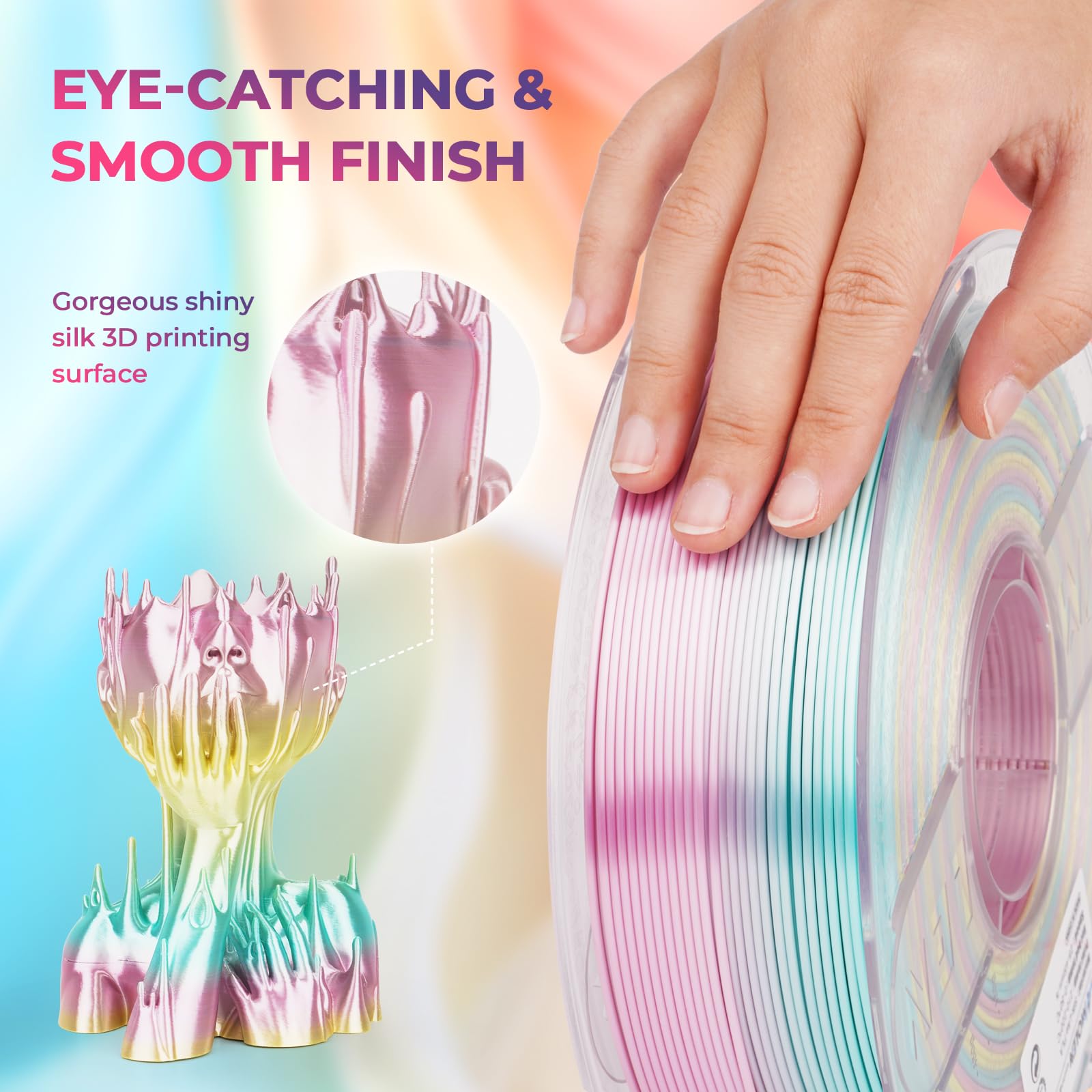 Amolen Silk Pla 3D Printer Filament, Shiny Multicolor Rainbow Pla Filament 1.75Mm, Fast Gradient Color Change Pla 3D Printing Fi