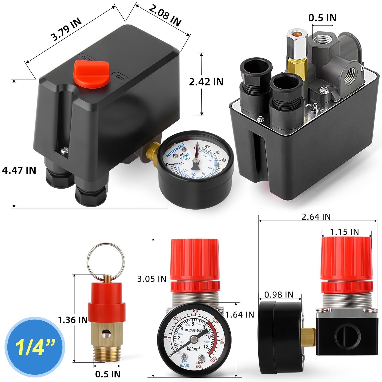 Meanlin Measure Air Compressor Pressure Switch Control Valve 120 150 Psi 110V 240V 4 Way Replacement Parts With 0 200 Psi Air Co