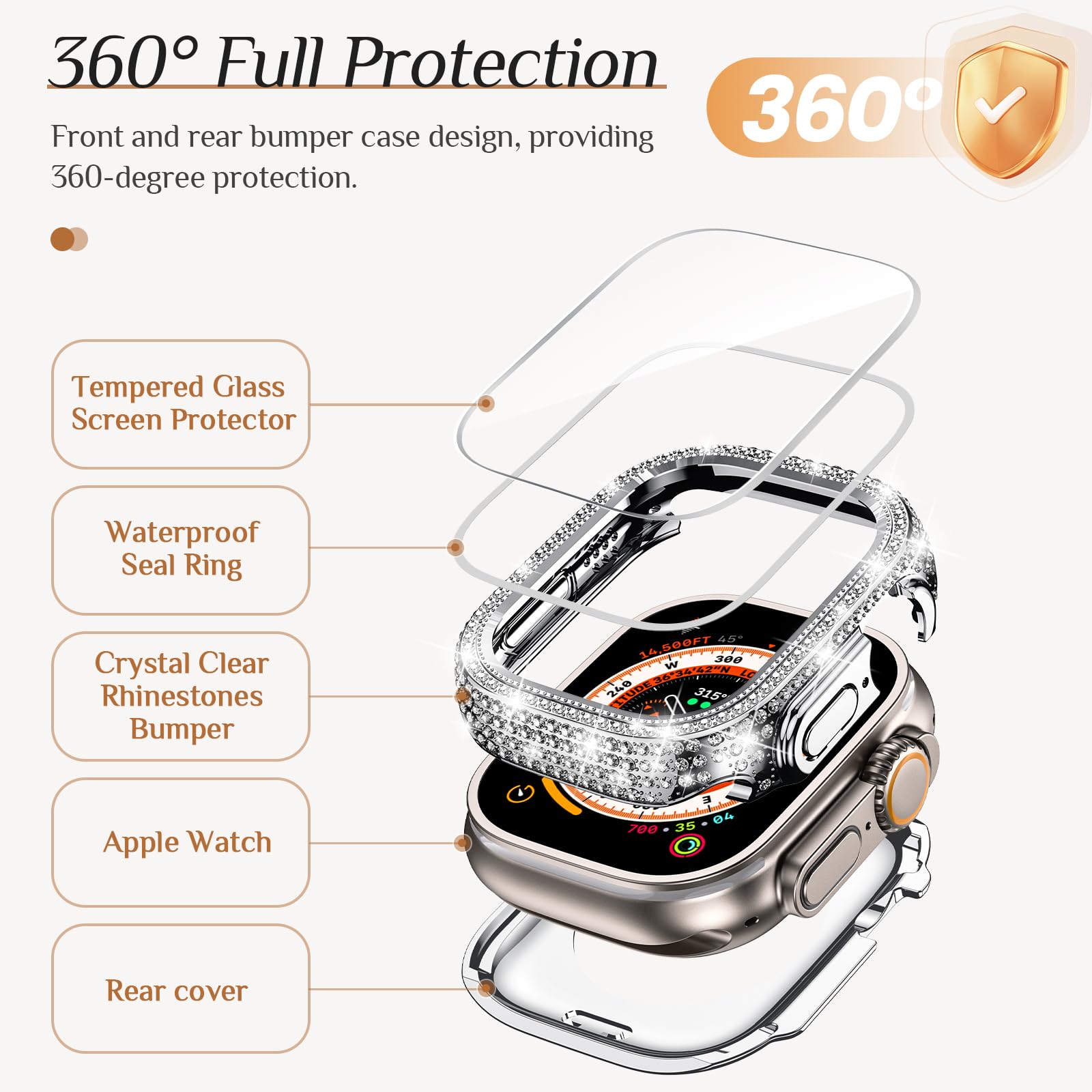 Goton 2 In 1 Waterproof Bling Case Compatible For Apple Watch Screen Protector 40Mm 41Mm 42Mm 44Mm 45Mm 46Mm Ultra 49Mm Series 1