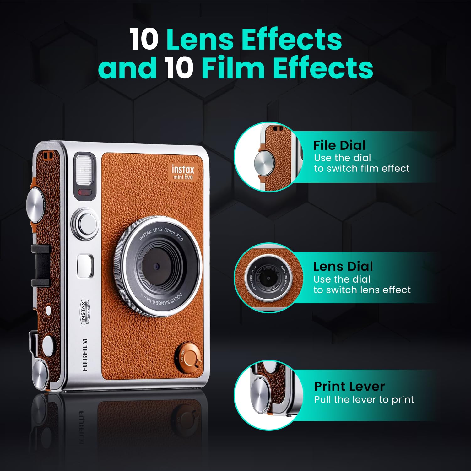 Fujifilm Instant Mini Evo Hybrid Camera (Brown) Bundle With 60 Instant Film Sheets + 32Gb Memory Card + Small Padded Case + Sd Card Reader + Flex Tripod + Microfiber Cleaning Cloth