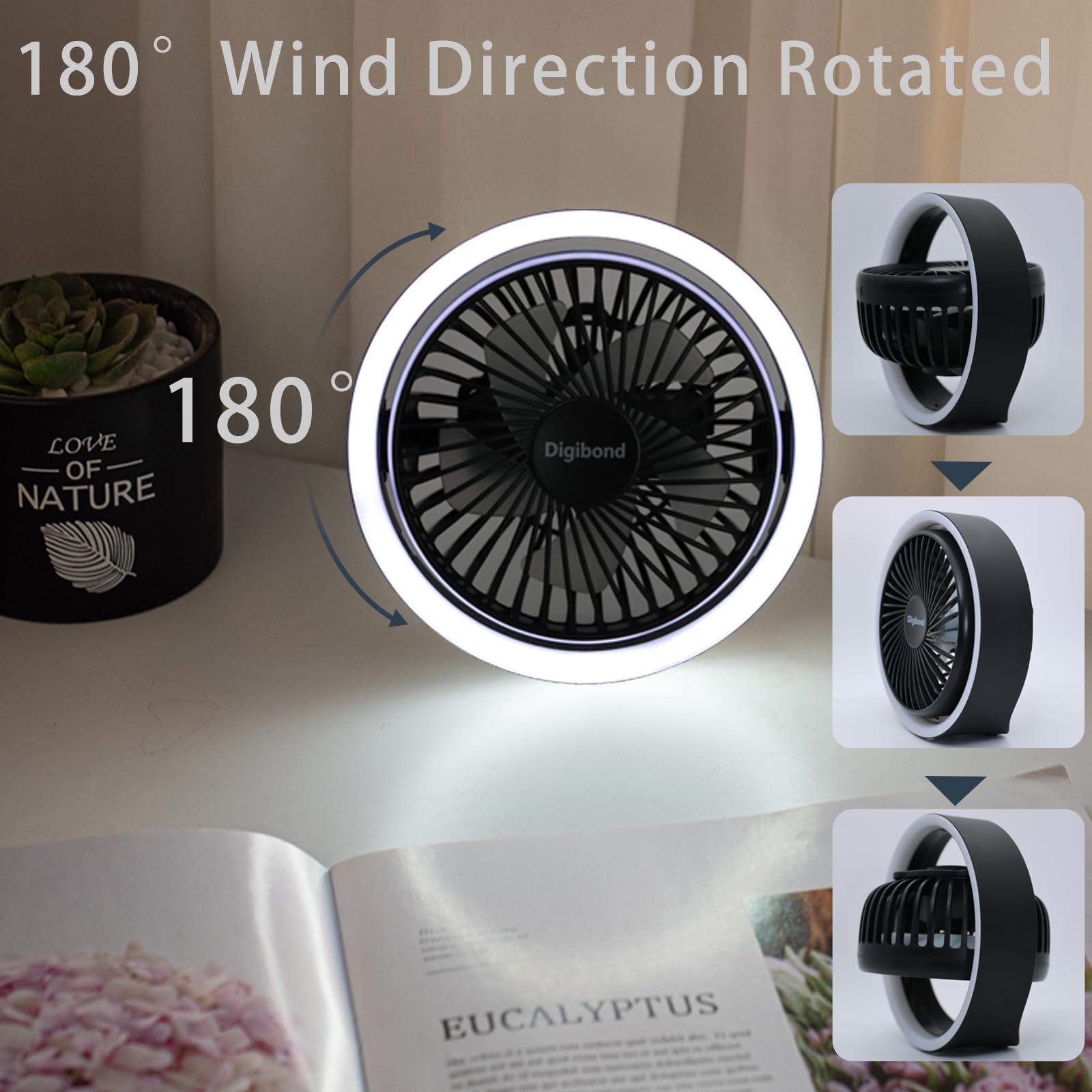 Digibond Mini Desk Fan, Battery Powered Fan, 3 Speed 5.3In Strong Airflow Quiet Small Fans For Bedroom With Led Night Light Air