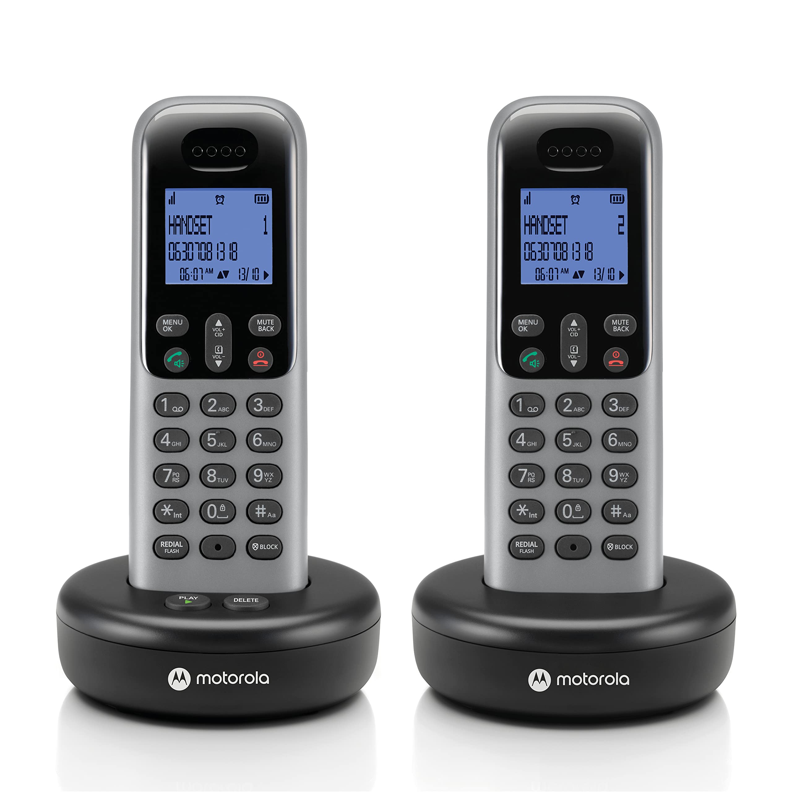 Motorola Voice Cordless Phone System W/ 2 Digital Handsets + Answering Machine, Remote Access, Call Block   Dark Grey (T612)