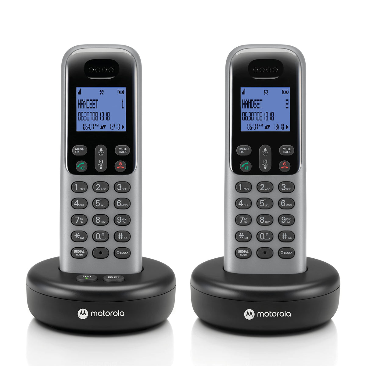 Motorola Voice Cordless Phone System W/ 2 Digital Handsets + Answering Machine, Remote Access, Call Block   Dark Grey (T612)