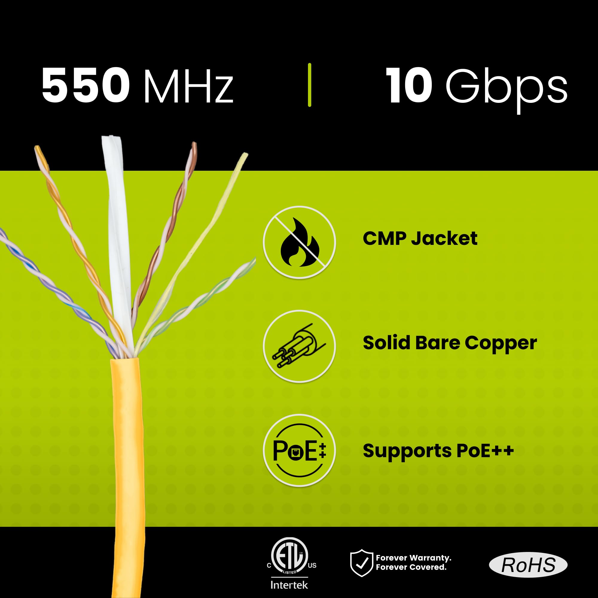 Truecable Cat6 Plenum (Cmp), 1000Ft, Yellow, 23Awg 4 Pair Solid Bare Copper, 550Mhz, Poe++ (4Ppoe), Etl Listed, Unshielded Twisted Pair (Utp), Bulk Ethernet Cable