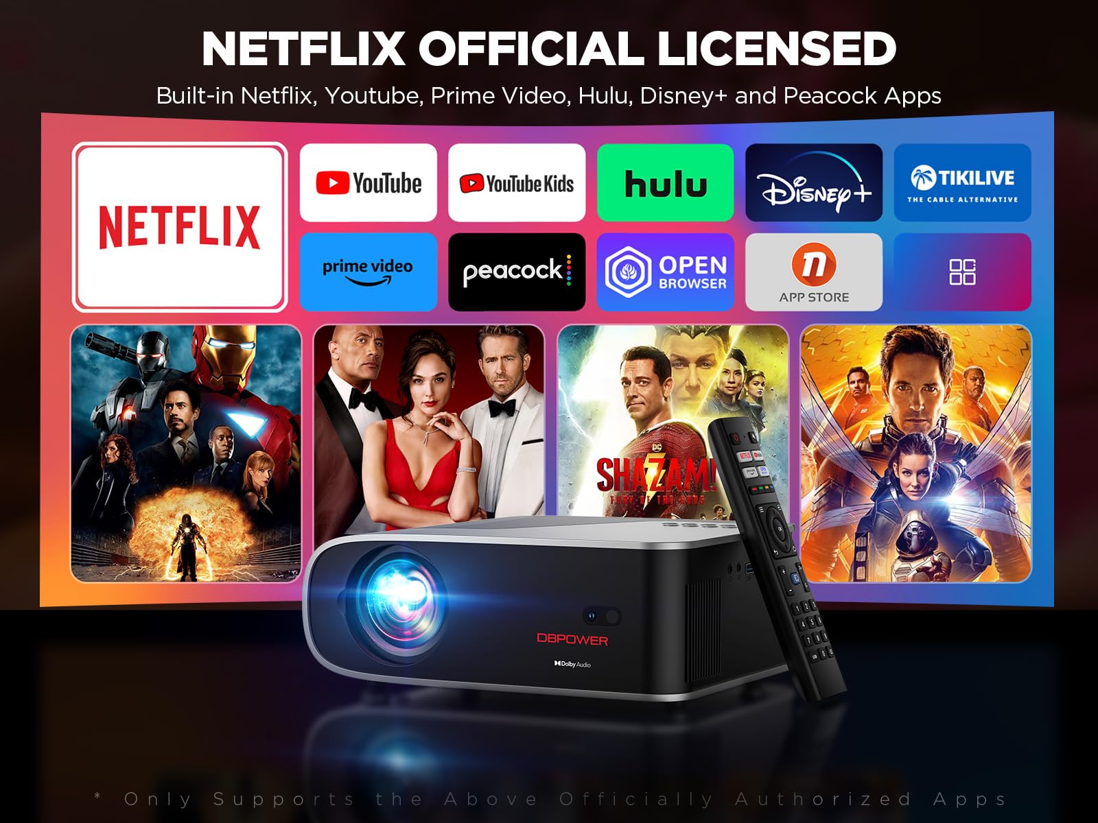 [Netflix Officially/Ai Auto Focus] Smart Projector With Wifi And Bluetooth,Dolby Audio,Dbpower Native 1080P Projector With Apps Built In Netflix/Hulu/Disney+/Peacock, 600Ansi Movie Projector
