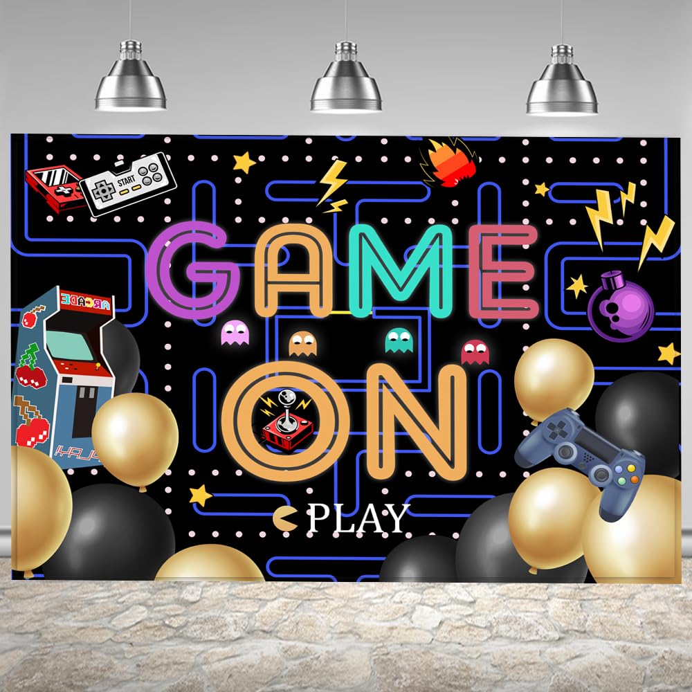 Lofaris Game On Backdrop Video Game For Boys Birthday Photography Background Colorful Lights Party Supplies Kids Adults Gaming P
