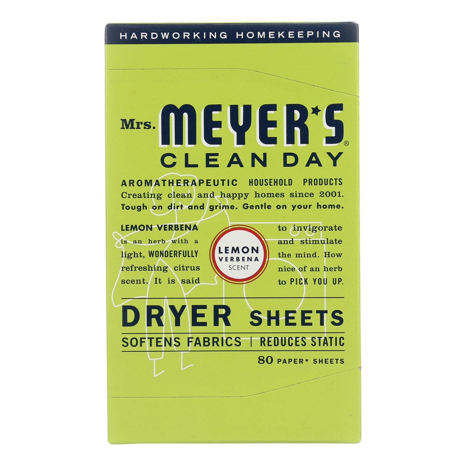Mrs Meyers Clean Day Lemon Verbena Dryer Sheet - 80 per pack -- 12 packs per case.