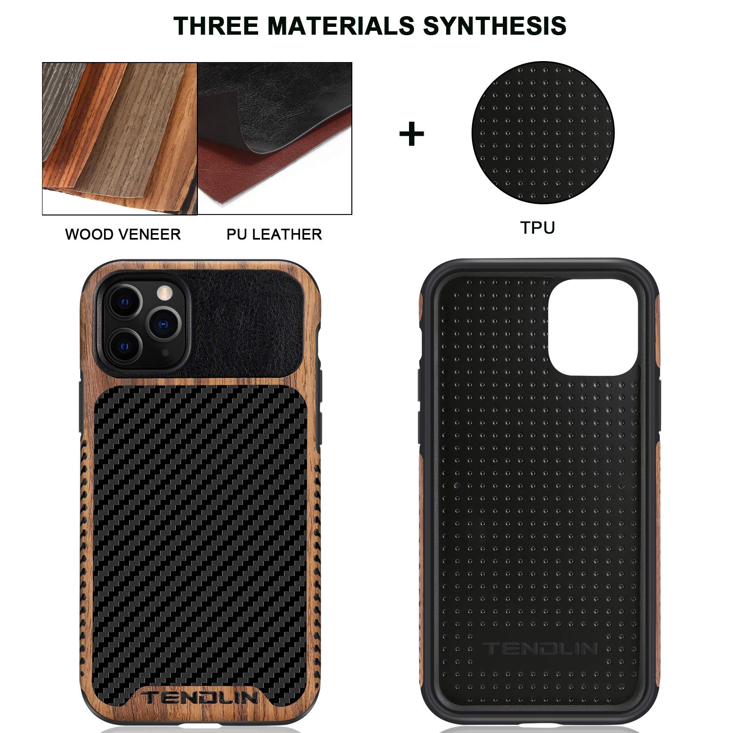Tendlin Compatible With Iphone 11 Pro Max Case Wood Grain With Carbon Fiber Texture Design Leather Hybrid Case