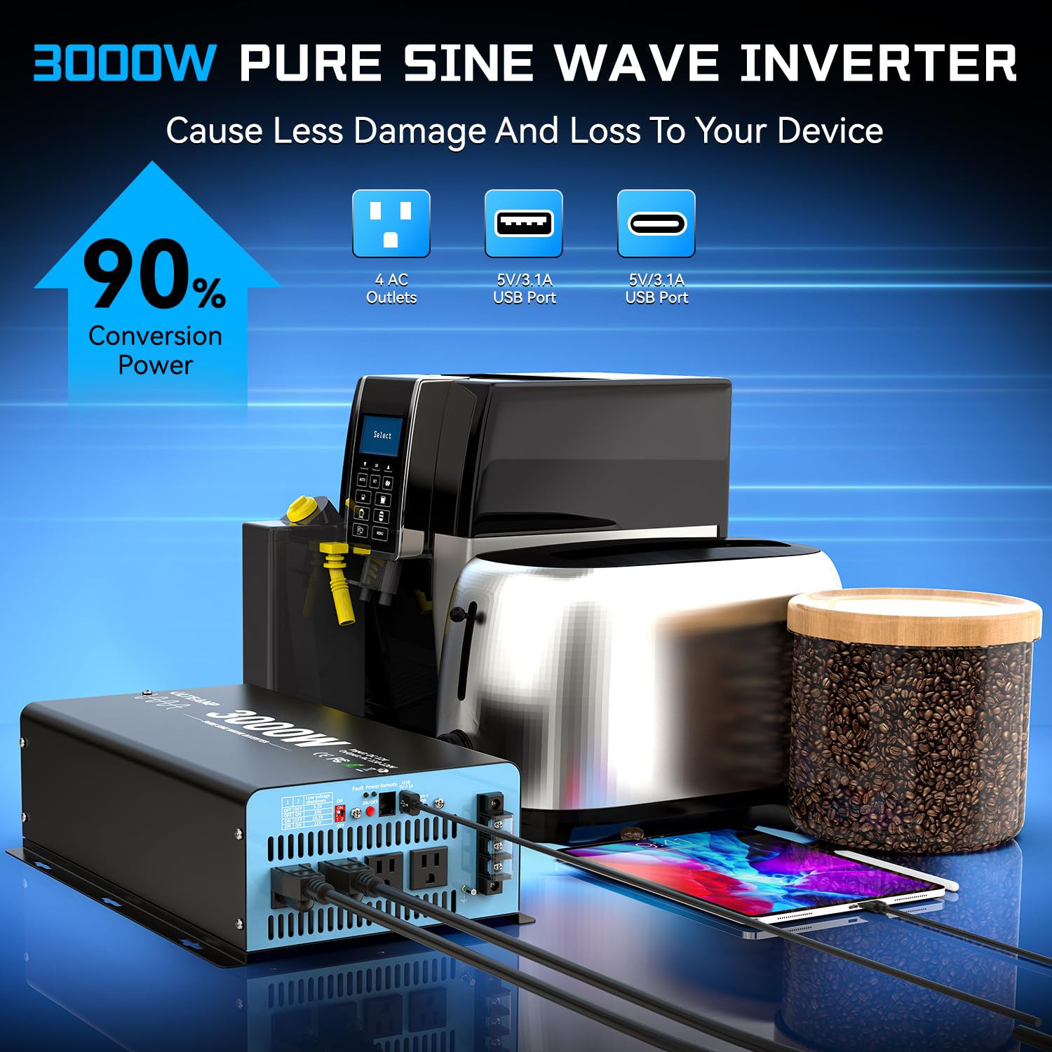 OLTEANP 3000W Pure Sine Wave Inverter, 12V DC to 110V AC, 4 AC Outlets, USB & Type-C Ports, Remote Control, Black