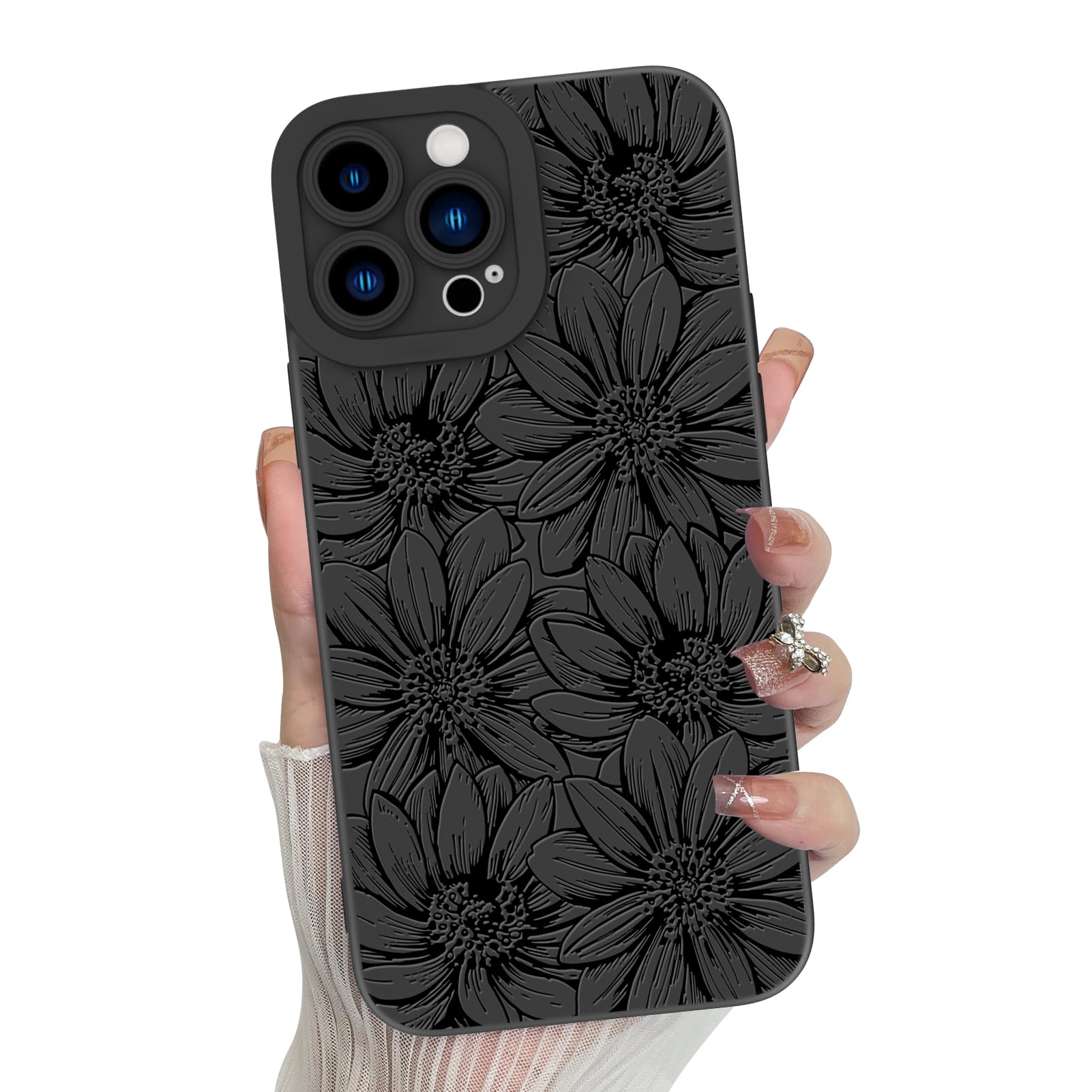 Mzelq For Iphone 14 Pro Max Case, Silicone Black Floral Flowers Sunflowers Cute Pattern, Camera Protection Soft Slim Phone Case