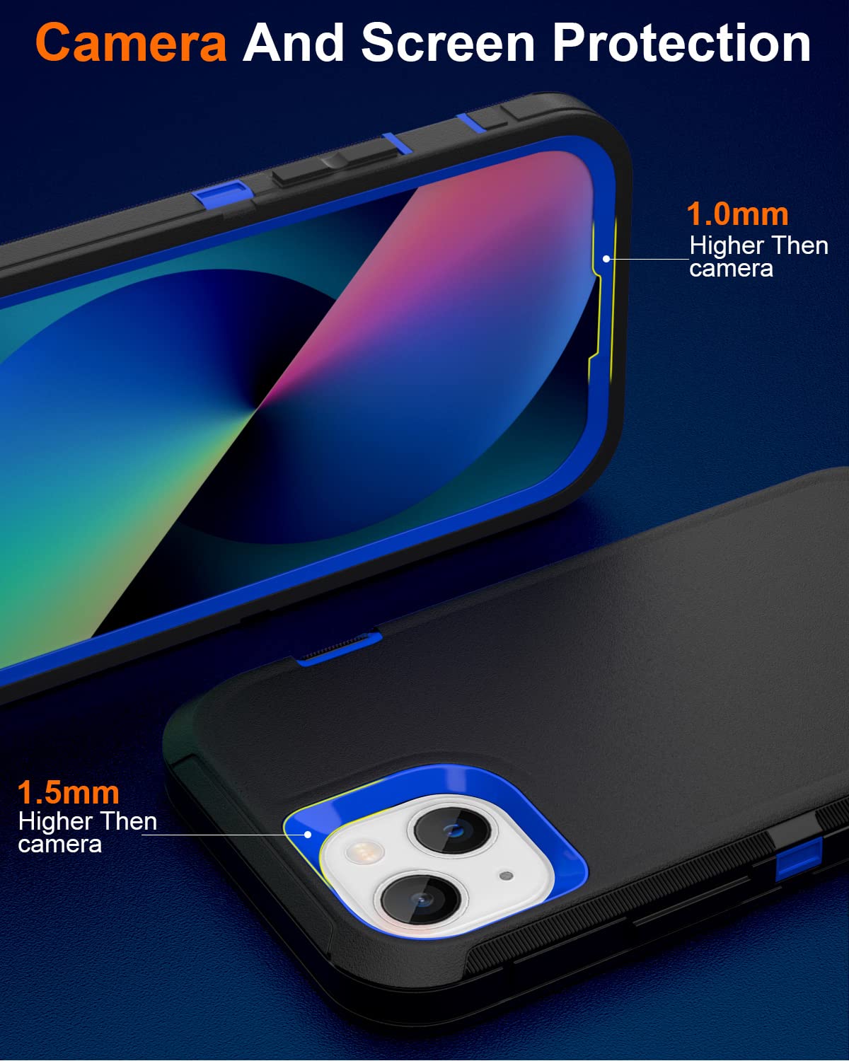 DHCALL iPhone 13 Heavy Duty Military-Grade Drop Protection Phone Case with 2 Tempered Glass Screen Protectors PC TPU Black Blue 6.1"