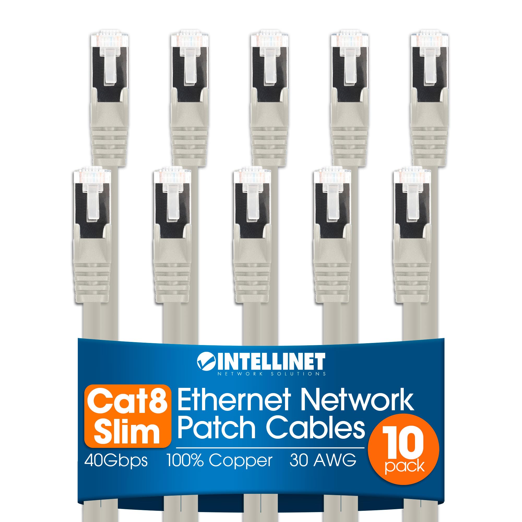 Cat8.1 U/Ftp Slim Network Patch Cable, 7 Ft., Gray, 10-Pack