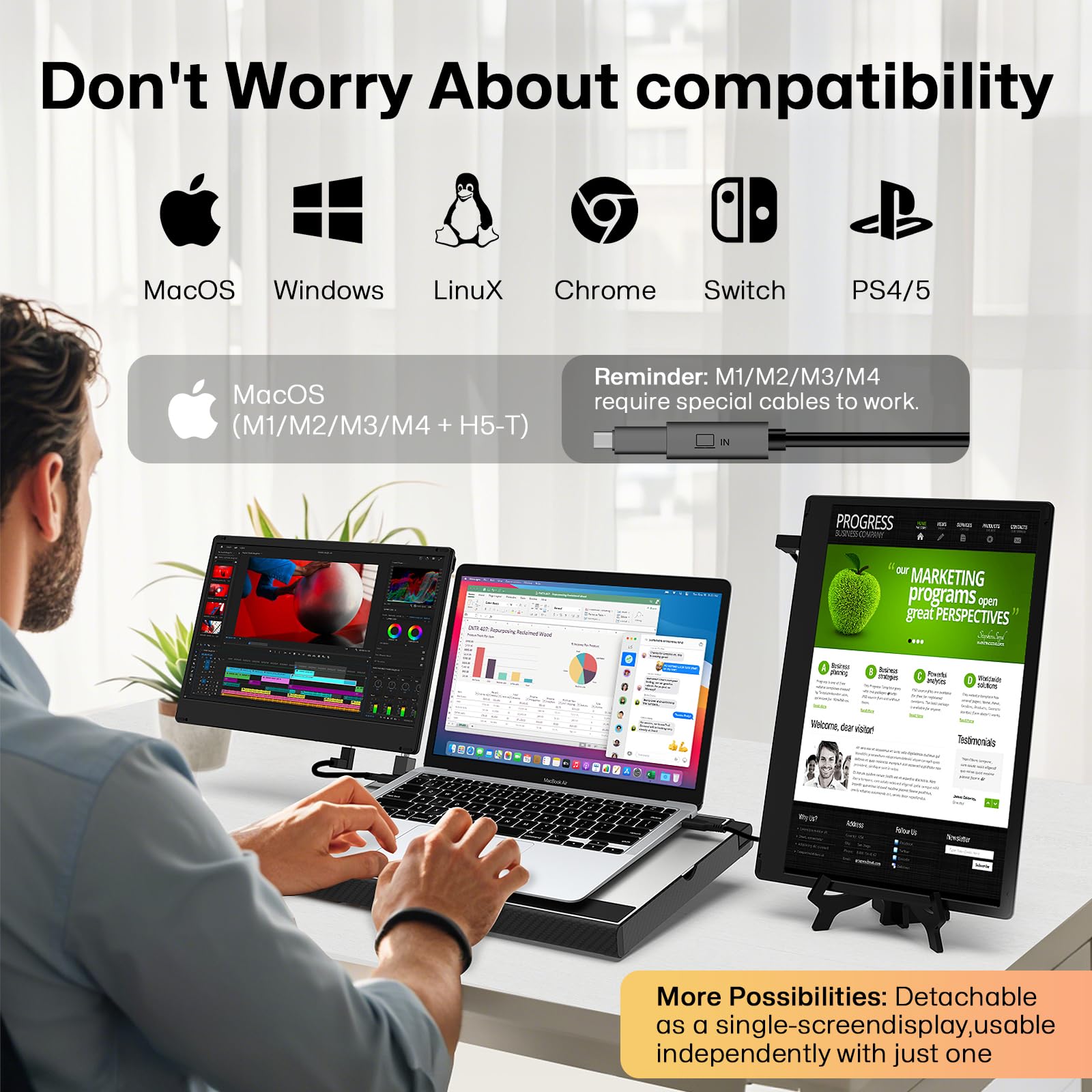 14'' Laptop Screen Extender Smart Base   Upgraded Triple Portable Monitor Fhd 1080P  300% More Efficient, 360 Rotation/Detachabl