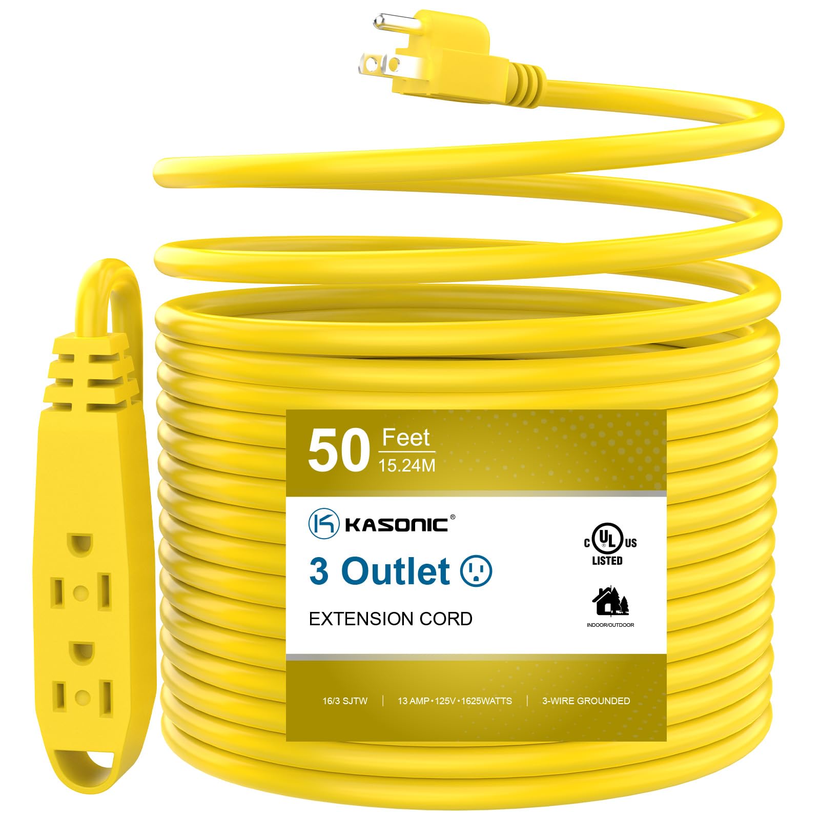 50 Feet 3 Outlet Extension Cord, Kasonic Ul Listed, 16/3 Sjtw 3 Wire Grounded, 13 Amp 125 V 1625 Watts, Multi Outlet Indoor/Outd