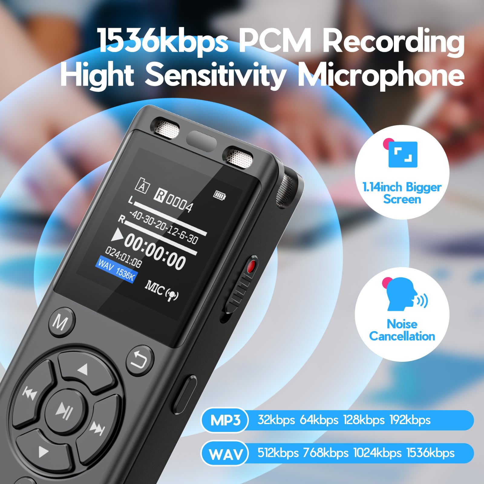 96Gb Digital Voice Recorder One Click, Hd Recording Easy Control Voice Recorder With Playback, Large Screen 7000 Hours Sound Aud