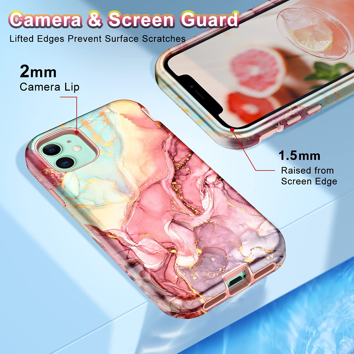 Casefiv Compatible With Iphone 11 Case,Marble Pattern 3 In 1 Heavy Duty Shockproof Full Body Rugged Hard Pc+Soft Silicone Drop P