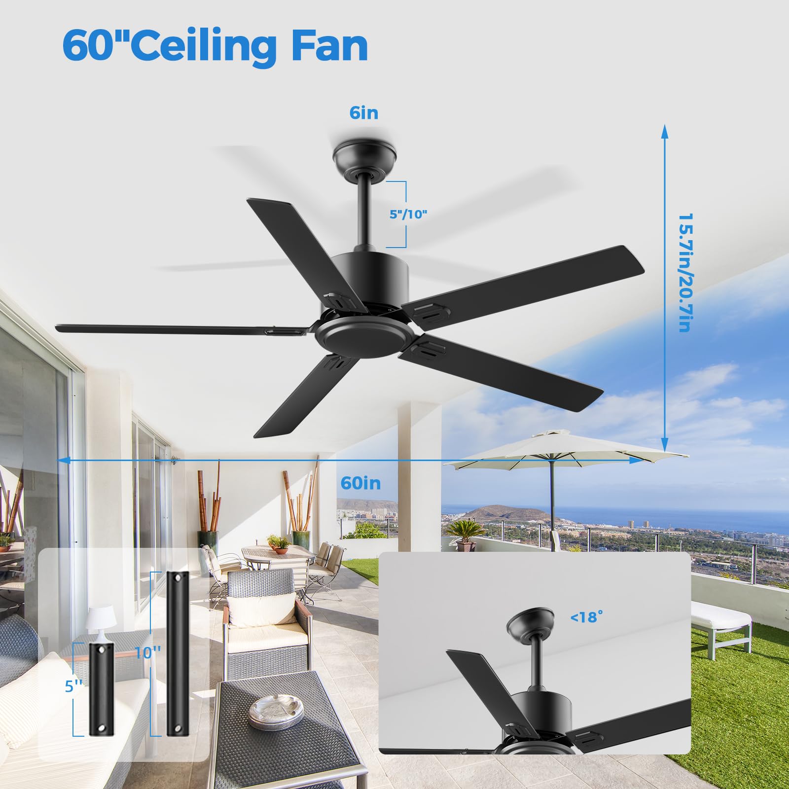 Alescu 60 Inch Outdoor Ceiling Fan No Light   Modern Flush Mount Low Profile Dc Motor Fan With App And Remote Control, 5 Blades