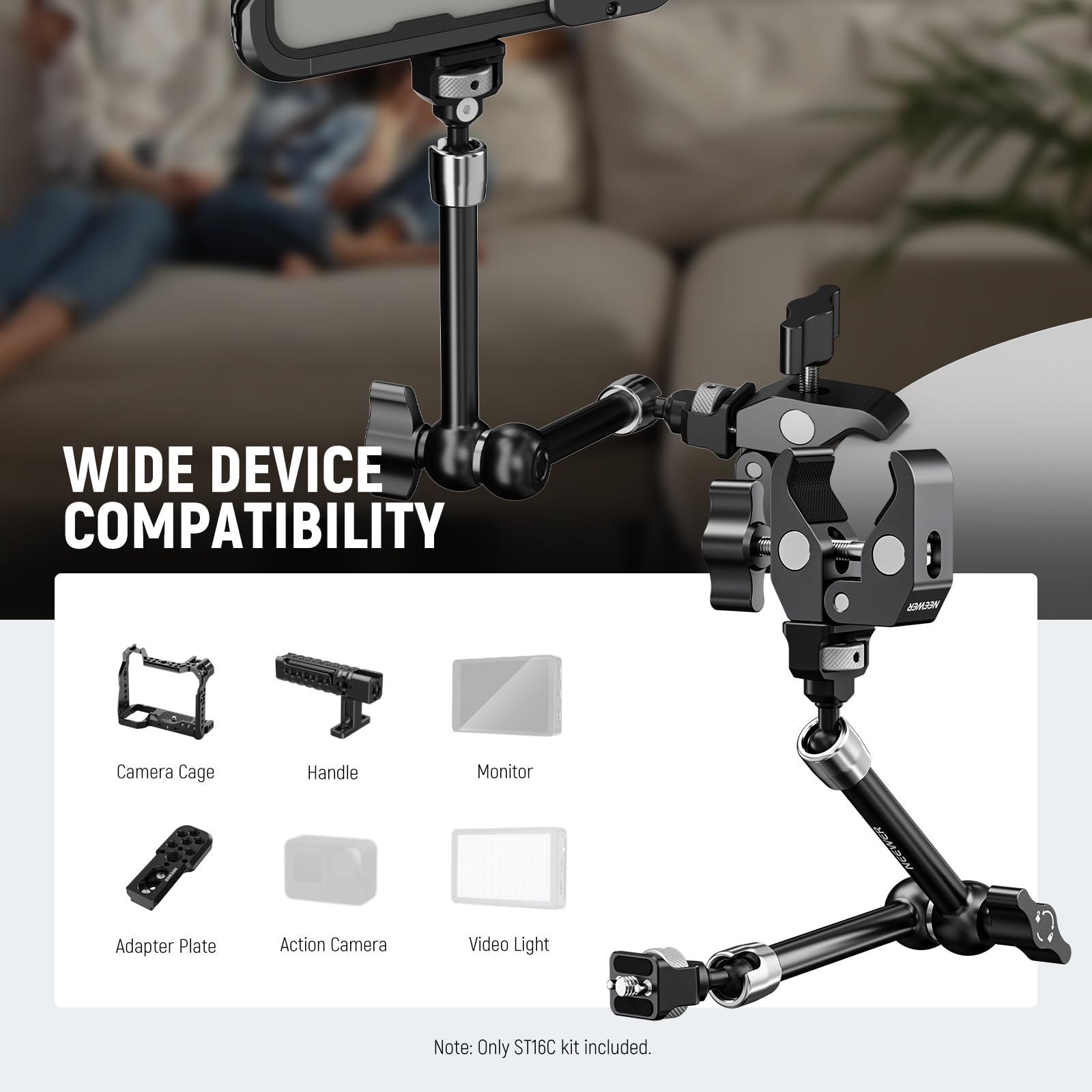 Neewer 11'' Articulating Magic Arm Clamp Mount With Super Clamp, Camera Monitor Mount With 1/4'' 3/8'' Arri Locating Pins & Hole
