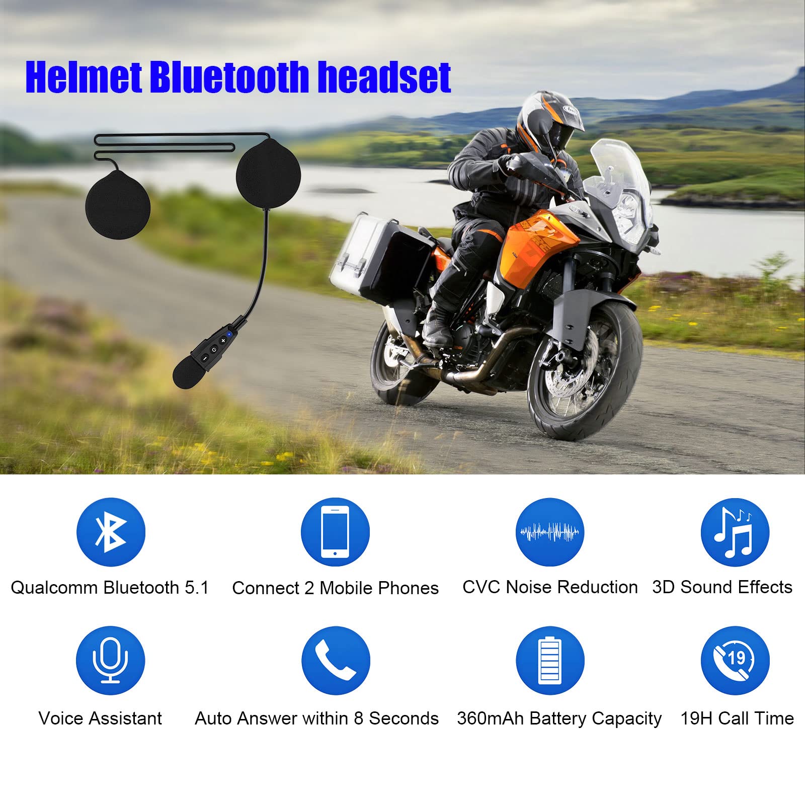 EJEAS E1+ Motorcycle Helmet Bluetooth 5.1 Headset CVC Noise Reduction Hands-Free Communication Black Plastic