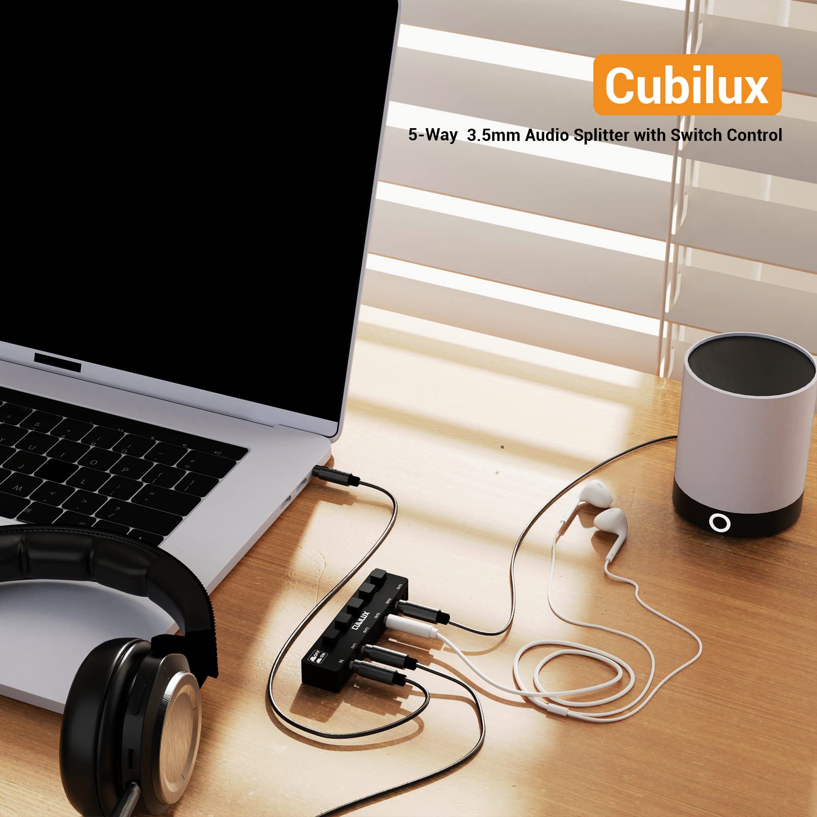 Cubilux 5 Way 3.5Mm Headphone Splitter With Switch Control, Aluminum Case 5 Channel 1/8� Stereo Audio Splitter, Multi Port Trs Aux Share/Split Box/Hub For Speaker Earphones Laptop Pc Smartphone Tablet