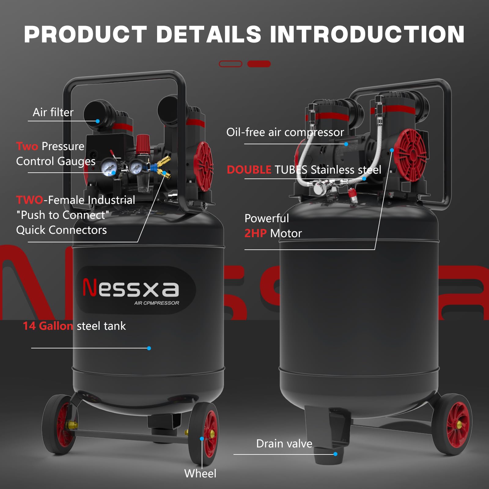 14 Gallon Ultra Quiet Air Compressor With Two Quick Couplers, 2Hp 8.75 Cfm, Max 115 Psi Pressure Oil Free Air Compressor Tank, 7
