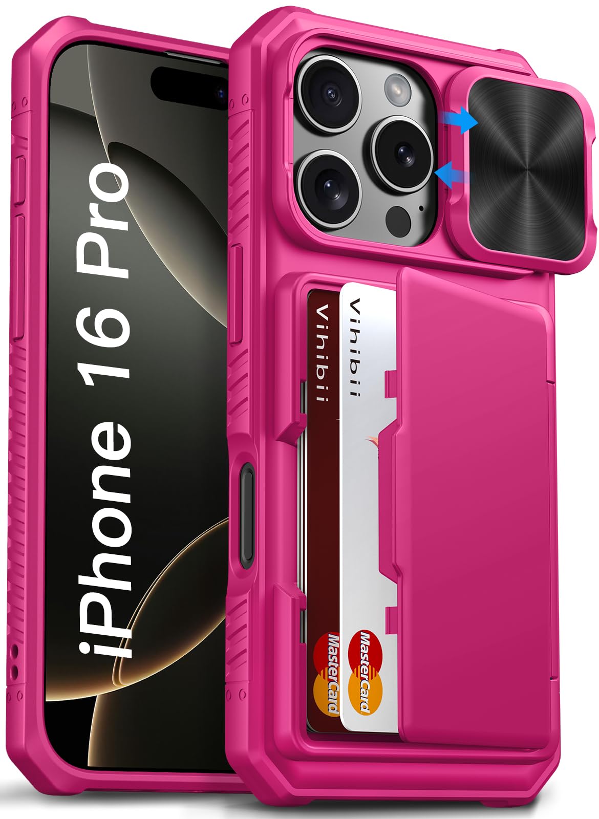 Vihibii For Iphone 16 Pro Case Wallet With Card Holder (4 Cards) [Rfid Blocking] & Slide Camera Cover & Raised Edges Protect Scr