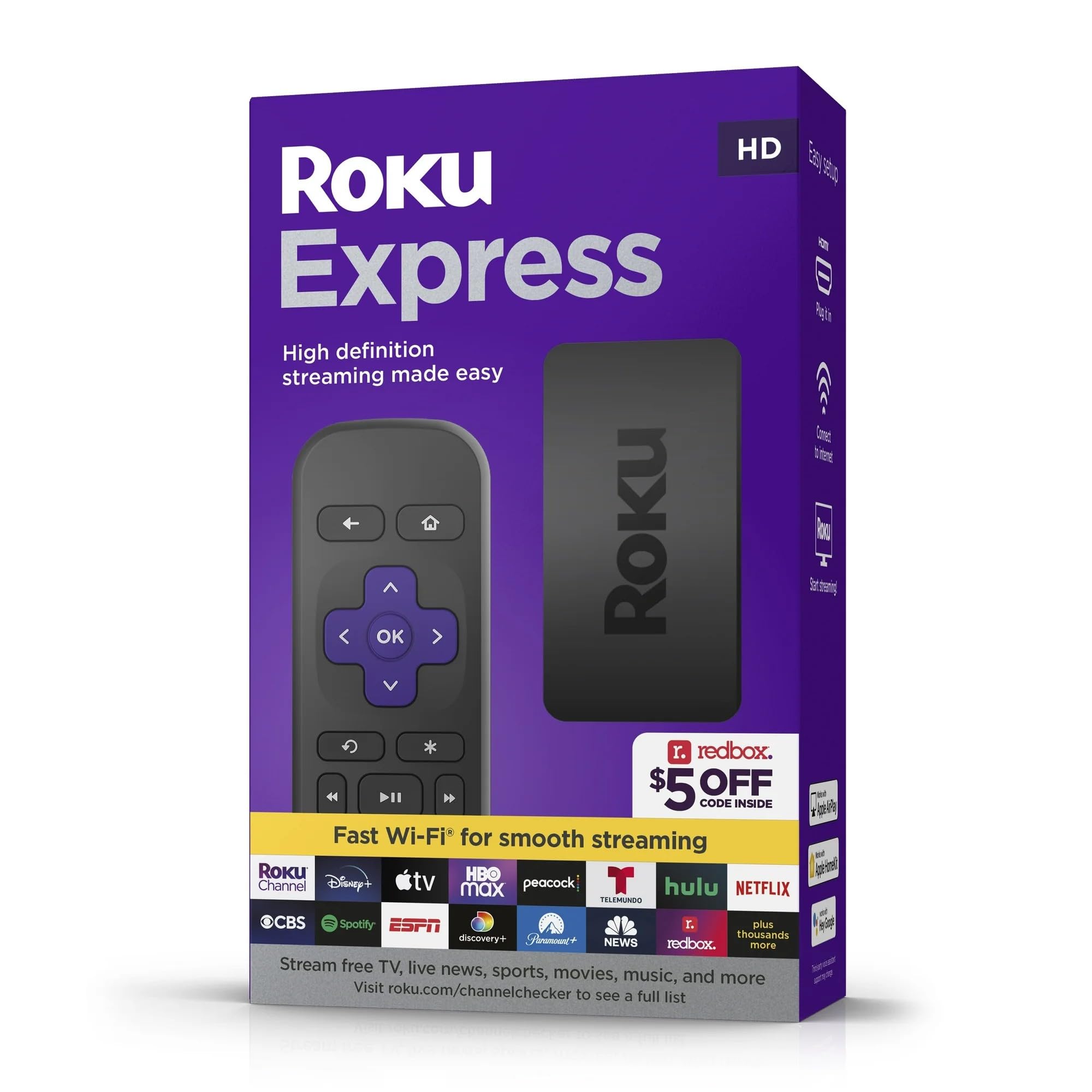 Roku Express (New) Hd Streaming Device, With High Speed Hdmi Cable And Simple Remote (No Tv Controls), Guided Setup, And Fast Wi Fi, With Mtc Hdmi Cable And Usb Extension Cord