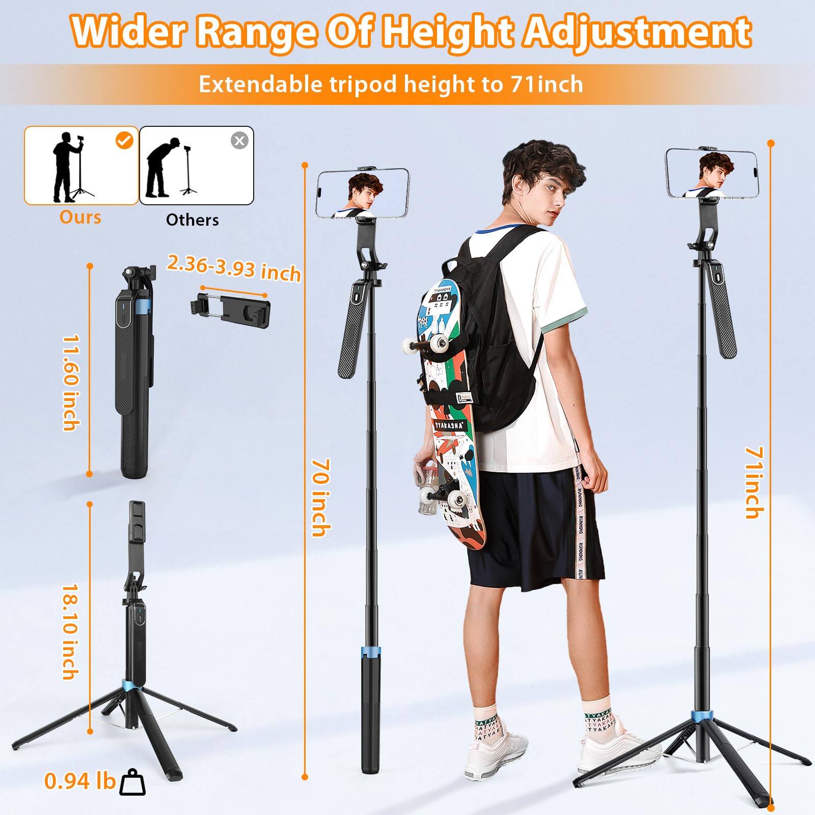 Eocean 71 Tall Selfie Stick Tripod Quadripod With Remote & With 360 Ballhead, Aluminum Alloy Extendable Cell Phone Tripod Stand,