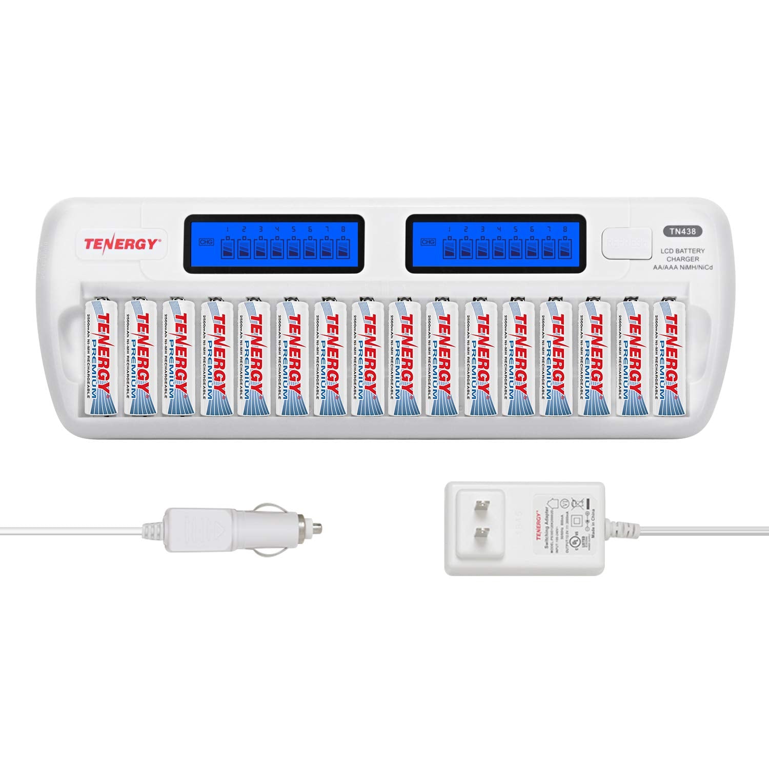 Tenergy Tn438 16 Slot Smart Battery Charger For Aa/Aaa Nimh/Nicd Lcd Display + 16 Premium Rechargeable Aa Batteries