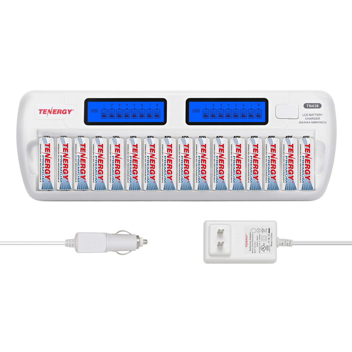 Tenergy Tn438 16 Slot Smart Battery Charger For Aa/Aaa Nimh/Nicd Lcd Display + 16 Premium Rechargeable Aa Batteries