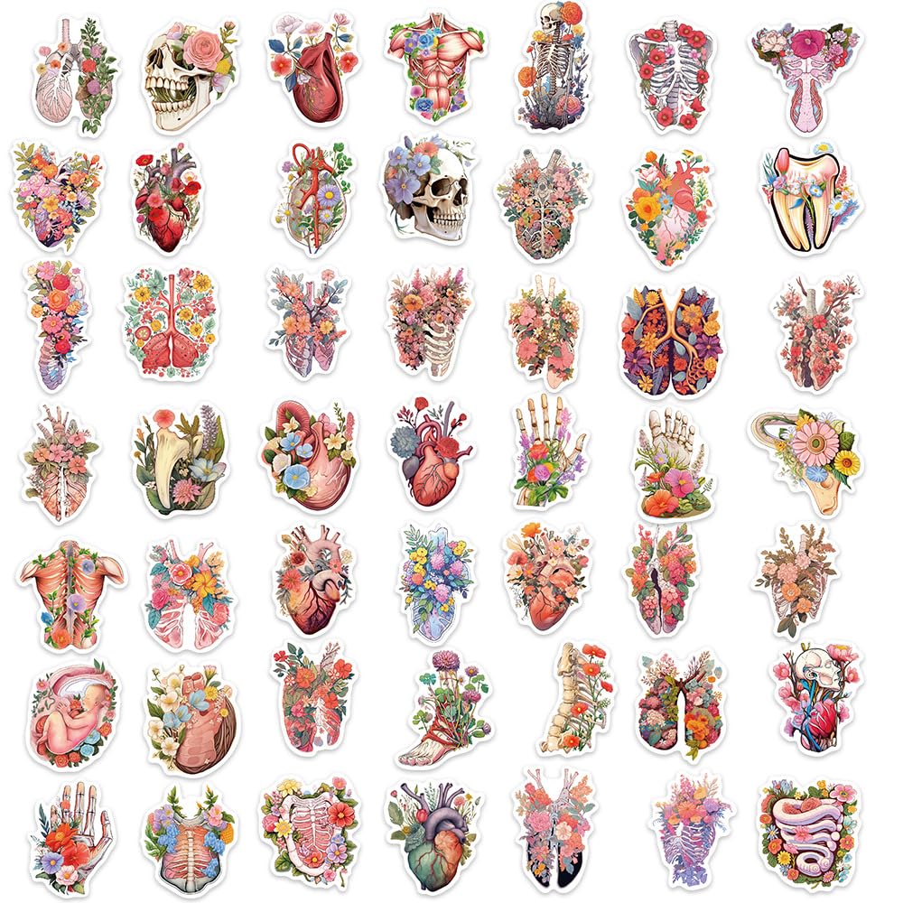 Human Body Organs Floral Stickers   50Pcs Waterproof Vinyl Anatomy Medical Nurse Stickers For Water Bottles,Laptop,Computer,Refr