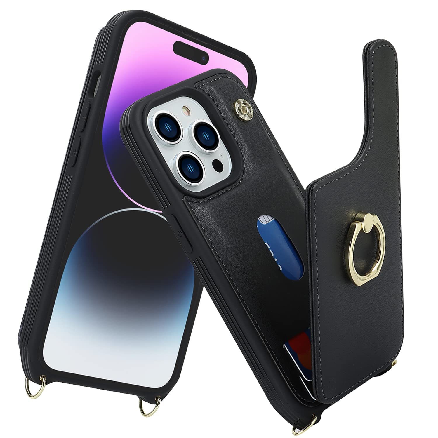 Lipvina For Iphone 14 Pro Max Case With Card Holder For Women,Phone Case With Strap,Crossbody Lanyard,Ring Stand,Snap Clasp,Cute