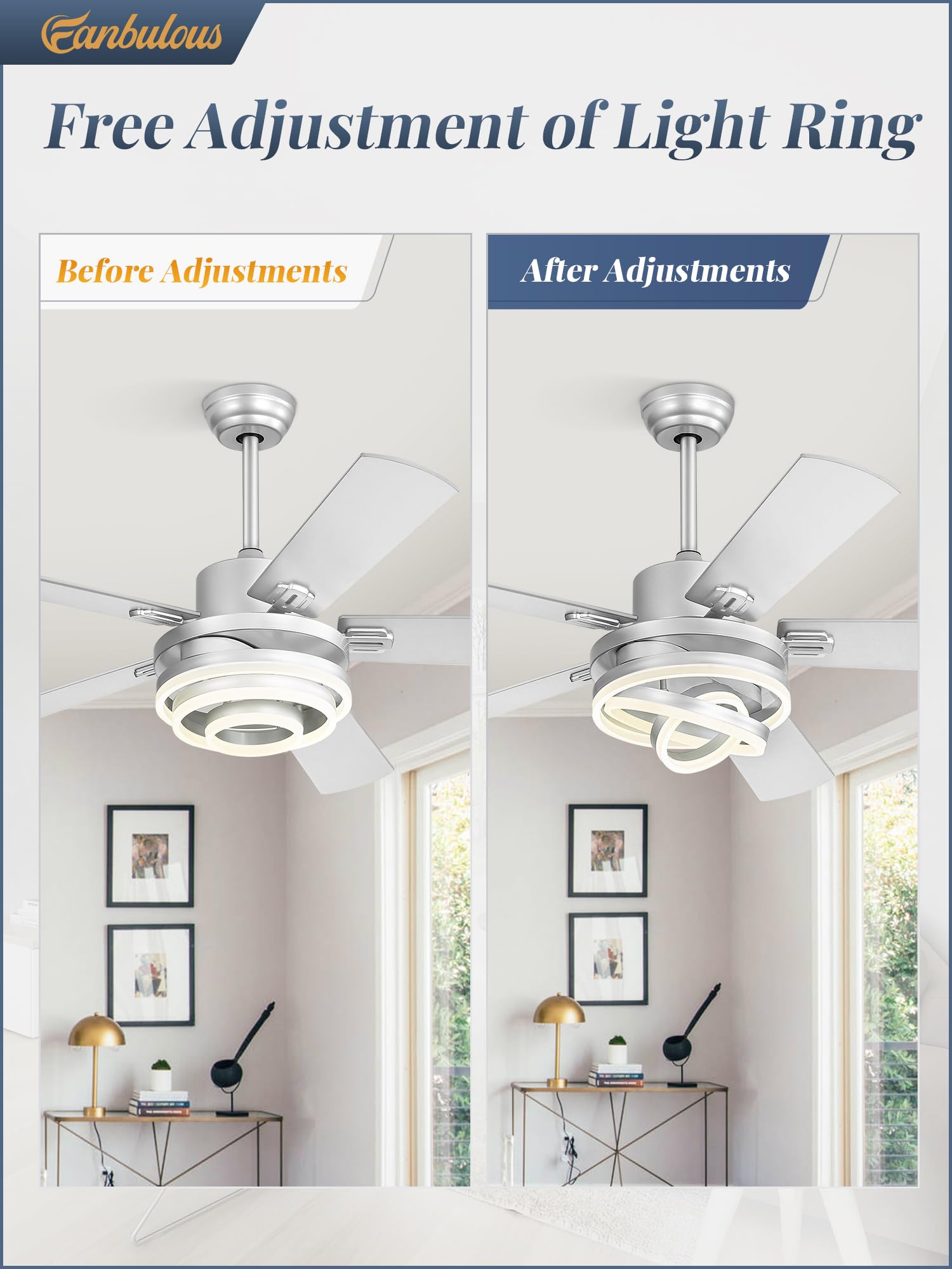 52'' Modern Ceiling Fans With Lights,Silver Chandelier Fan With 6 Speed Dimmable Led And Quiet Reversible Dc Motor,Rustic Fandel