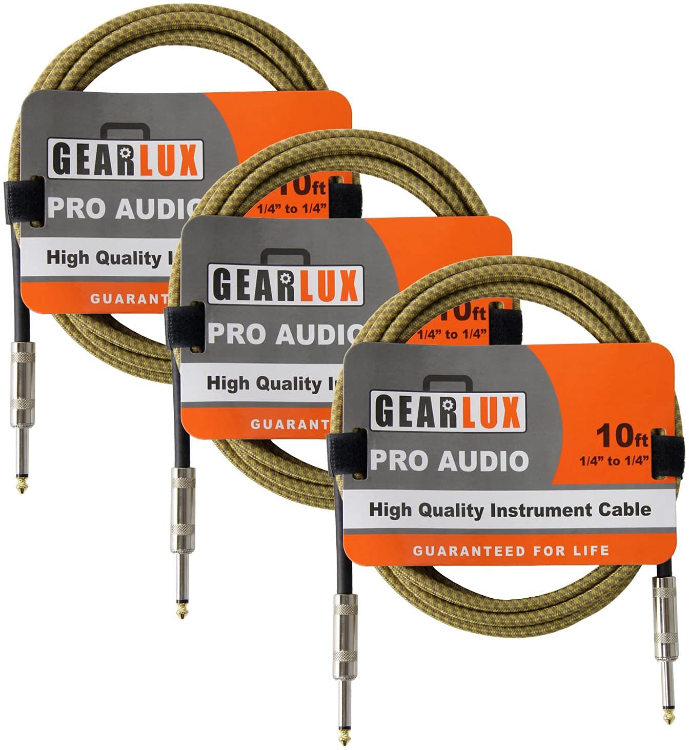 Gearlux Instrument Cable/Professional Guitar Cable 1/4 Inch To 1/4 Inch, Tweed, 10 Foot   3 Pack