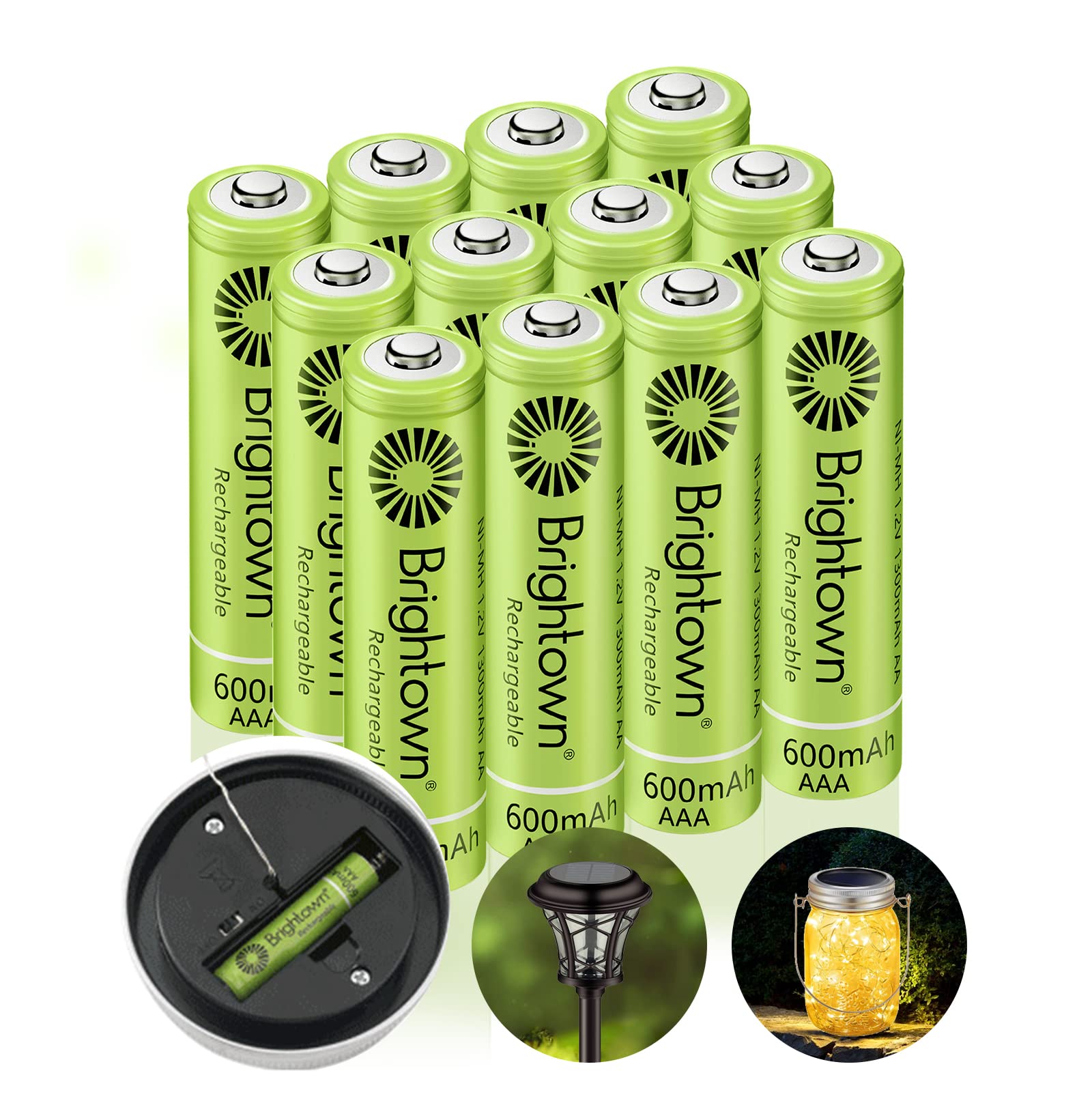 Brightown 12-Pack Rechargeable AAA Batteries, 600mAh NiMH Precharged Triple A Solar Batteries for Solar Lights and Household Dev