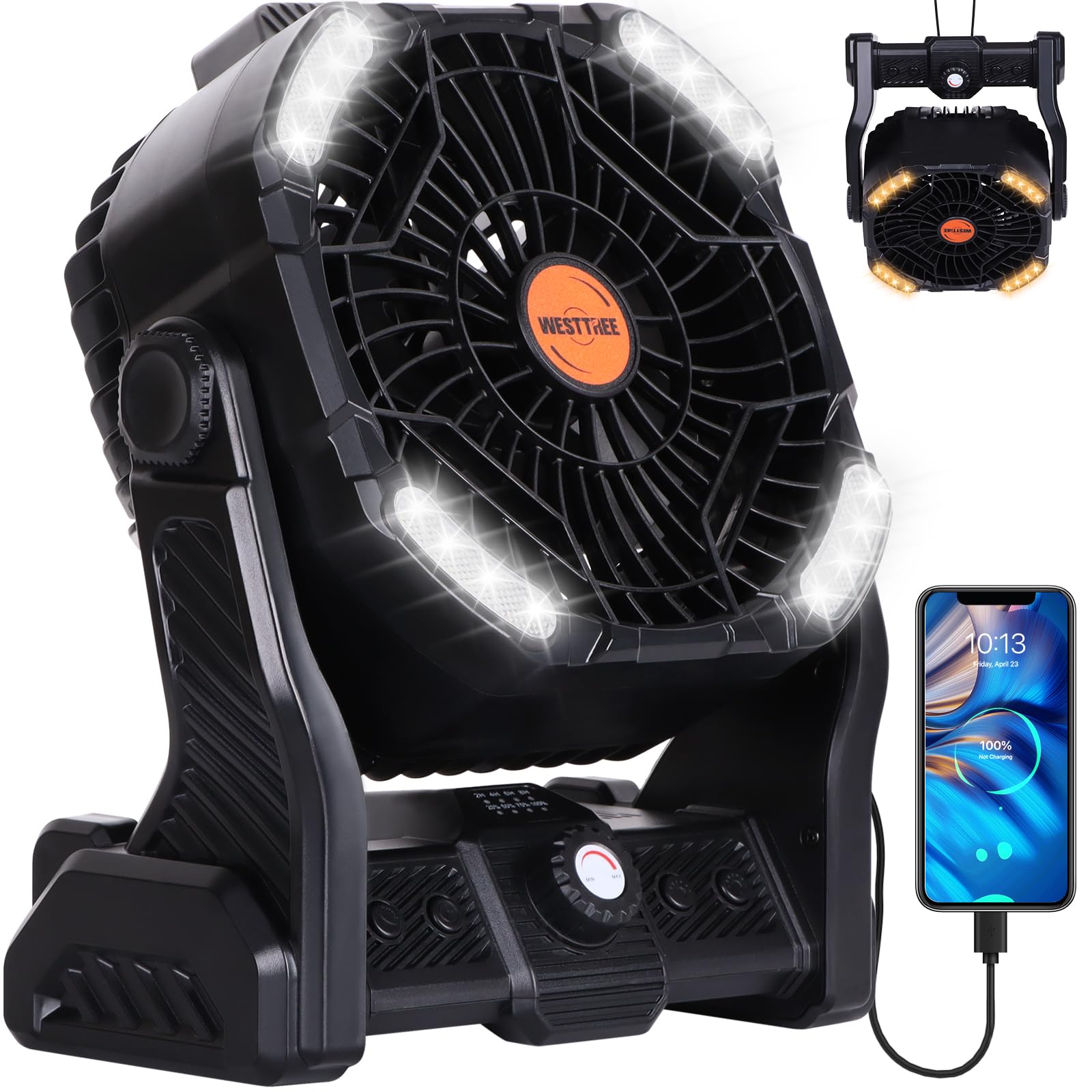 20000Mah Camping Fan,Portable Camping Fan Rechargeable Battery Operated Outdoor Tent Fan With Light & Hook, 270 Pivot, 4 Speeds,