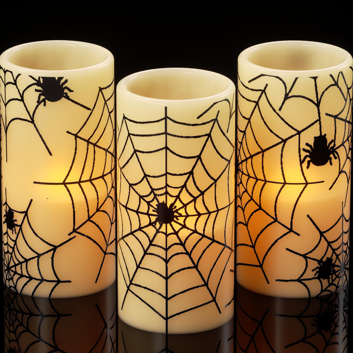 Dromance Flameless Candles Battery Operated With Timer, Set Of 3 Spider Cobweb Decals Yellow Light Real Wax Led Flickering Pilla