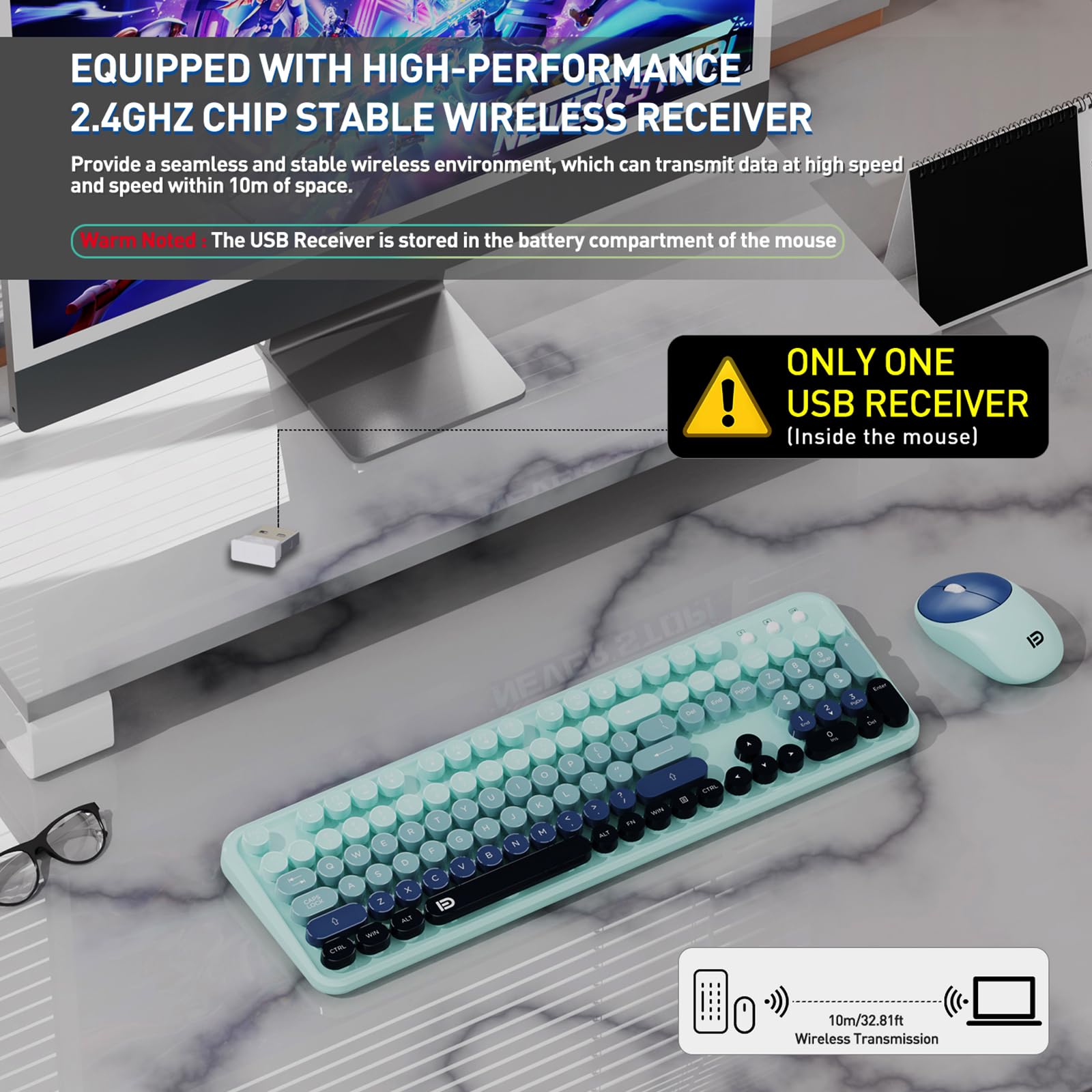 Wireless Keyboard And Mouse, Keyboard Mouse Combo, 2.4 Ghz Wireless Full Sized Typewriter Keyboard With Round Keycaps, Keyboard