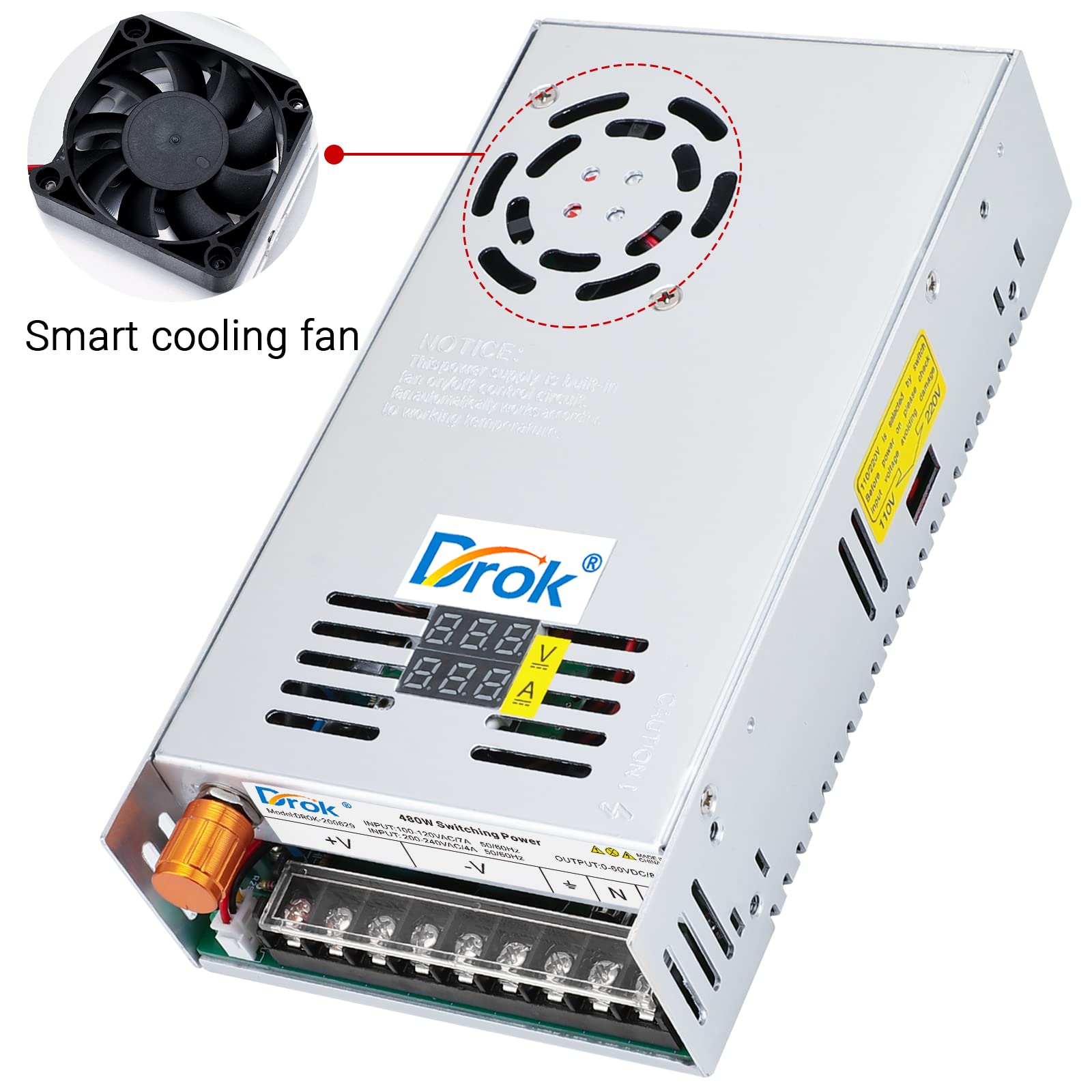 Drok 60V Power Supply, Ac 110V 220V To Dc 0 60V 8A 480W Buck Converter Dual Display, Variable Adjustable Adapter Regulated 5V 12