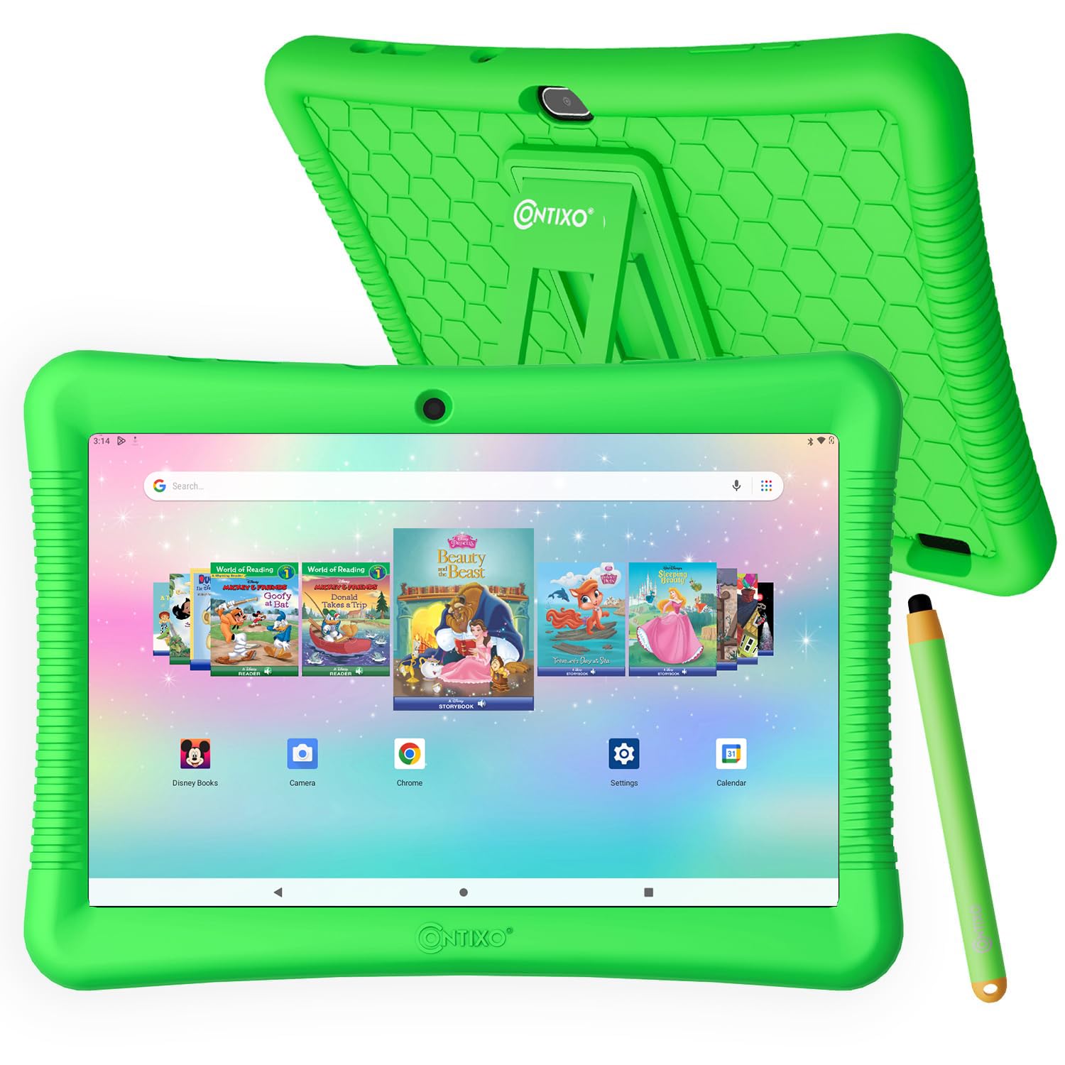 Contixo 10' Android Kids Tablet 32Gb, Includes 80+ Disney Storybooks & Stickers, Parental Controls, Kid Proof Case With Kickstand & Stylus, (2024 Model)   Green