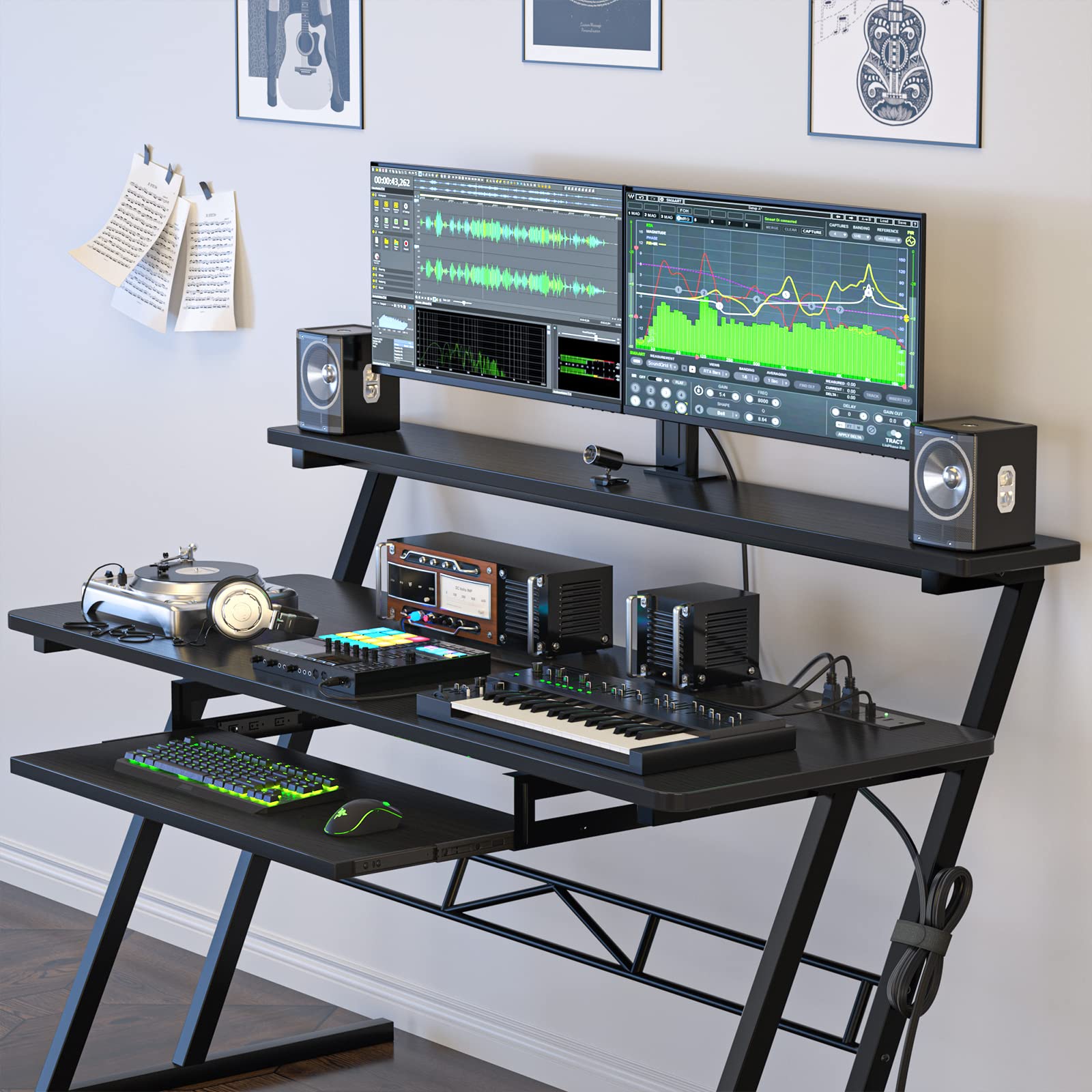 armocity 47'' Studio Desk - Black, Engineered Wood, Model SD-B, with Power Outlet for Music Production and Recording